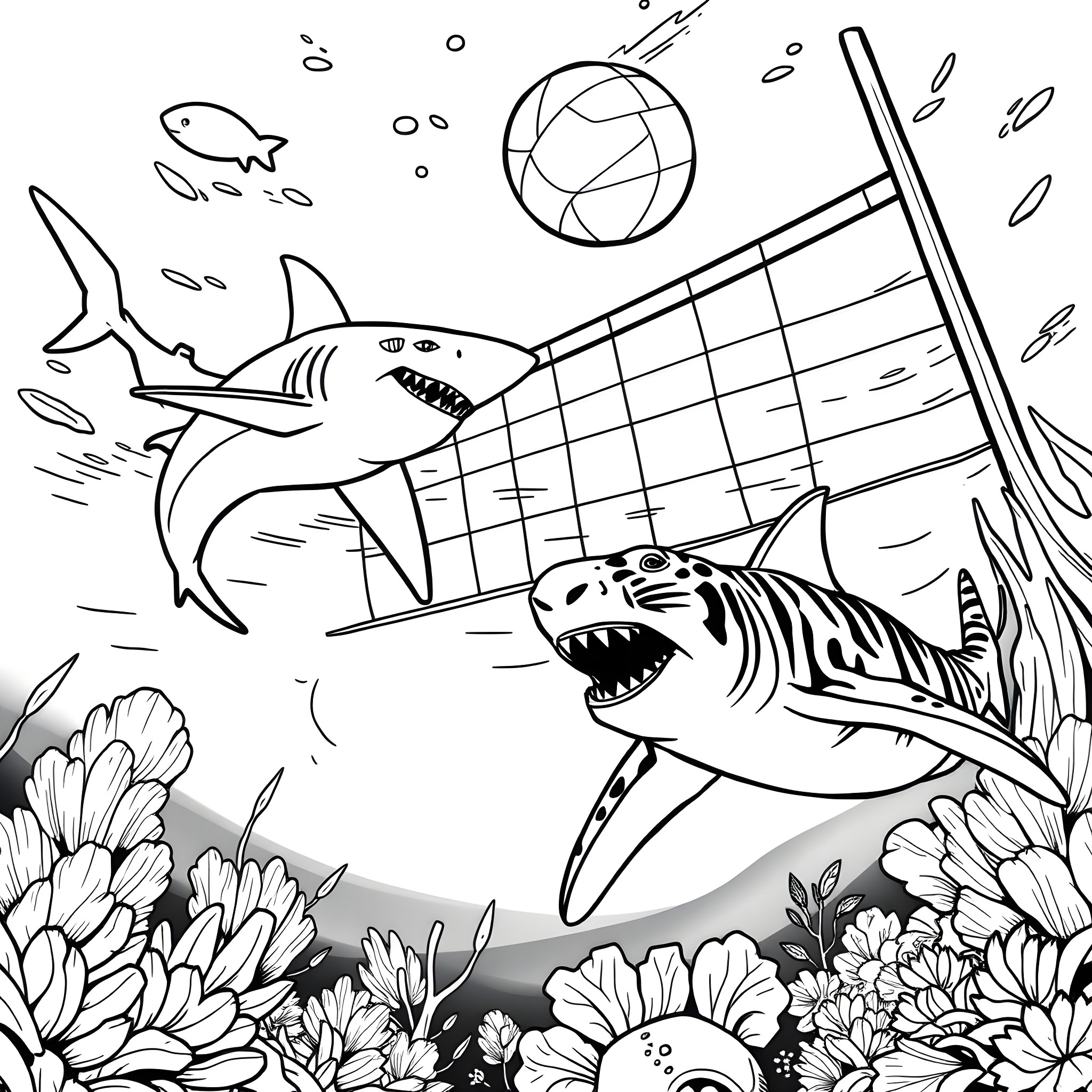 Sharks playing underwater volleyball game Coloring Page (free black-and-white line drawing printable PDF for all, from beginners to advanced learners, including children, teens, adults, and seniors)