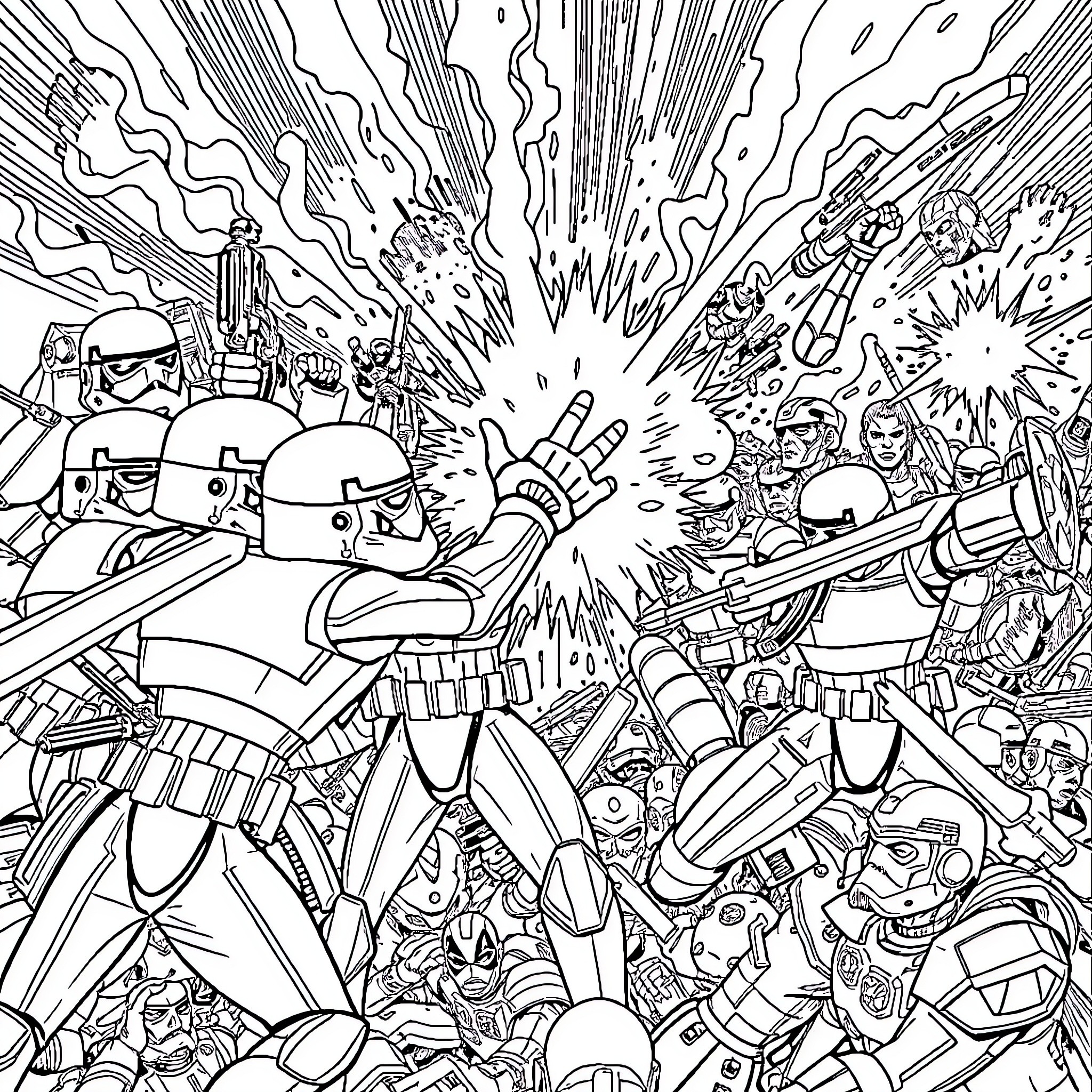 Stormtroopers in intense battle scene Coloring Page (free black-and-white line drawing printable PDF for all, from beginners to advanced learners, including children, teens, adults, and seniors)