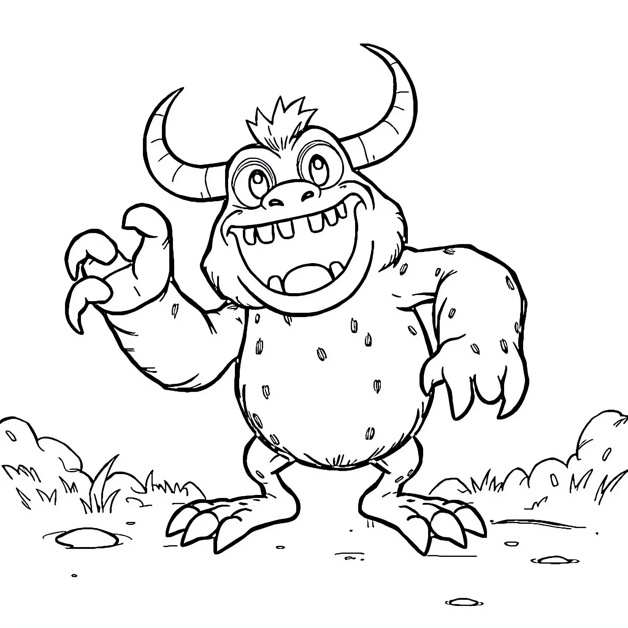 Monkey monster with horns and sharp teeth Coloring Page (free black-and-white line drawing printable PDF for all, from beginners to advanced learners, including children, teens, adults, and seniors)