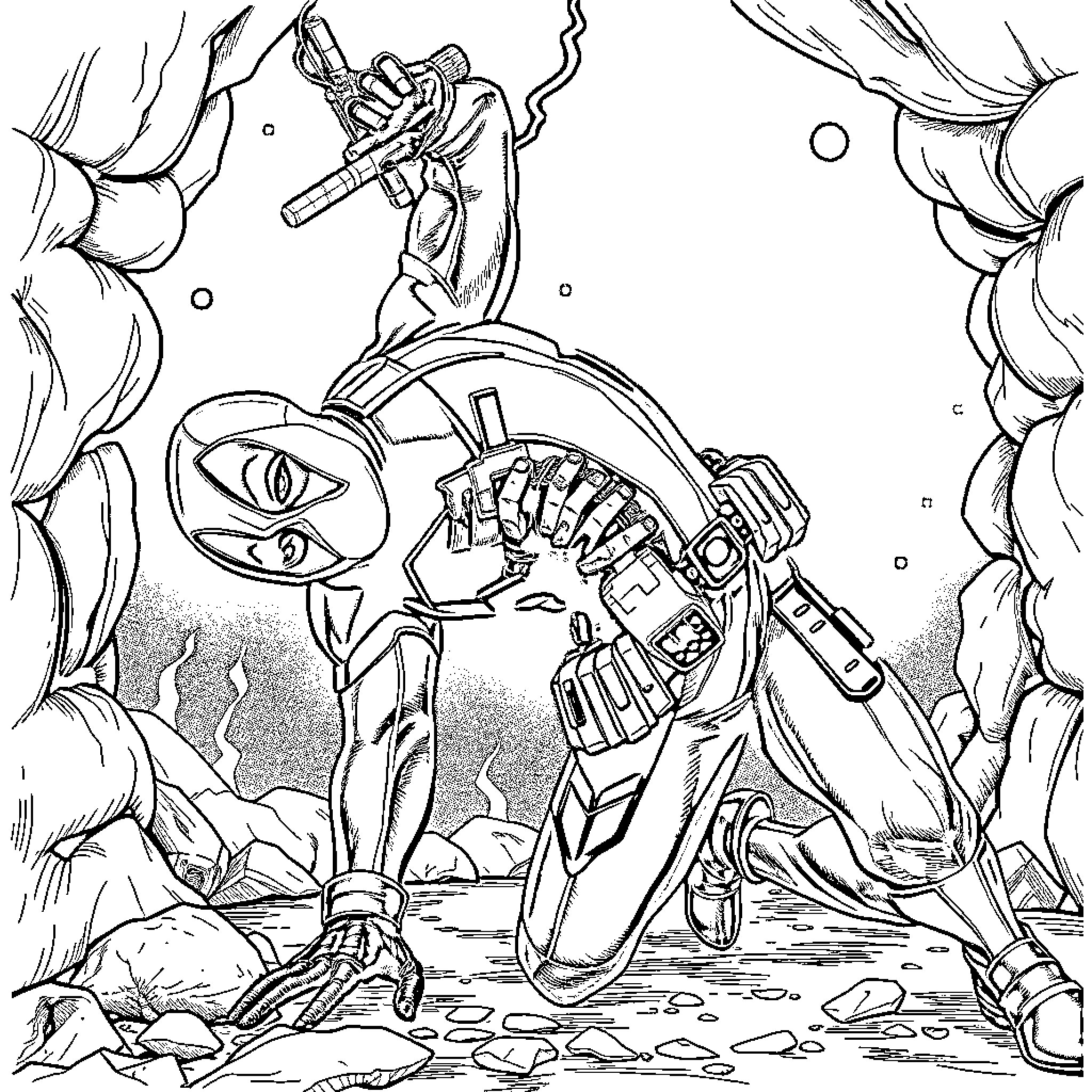 Deadpool's Chaotic Escapades in a Fantastical Landscape Coloring Page (free black-and-white line drawing printable PDF for all, from beginners to advanced learners, including children, teens, adults, and seniors)
