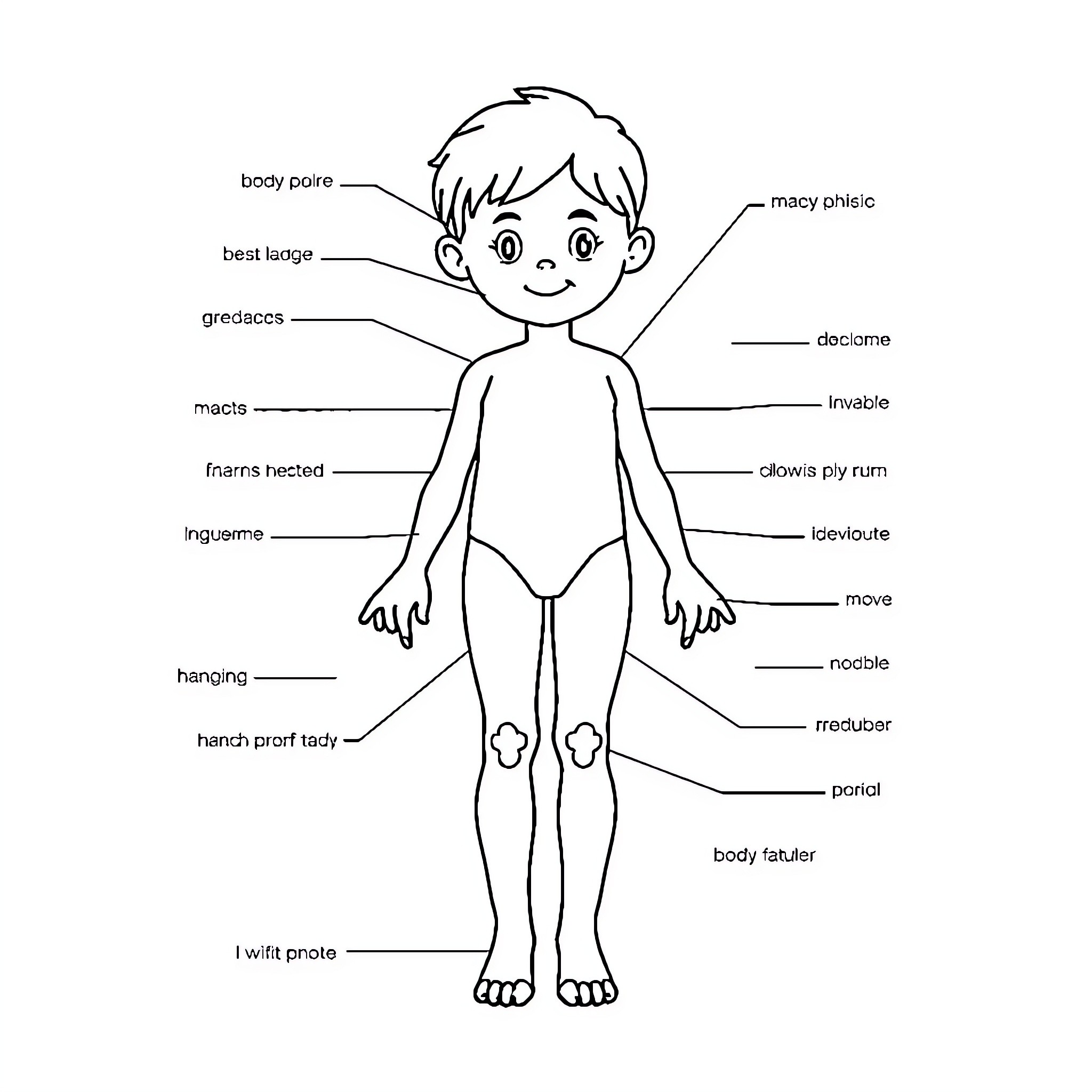 Body Part Identification Guide Coloring Page (free black-and-white line drawing printable PDF for all, from beginners to advanced learners, including children, teens, adults, and seniors)