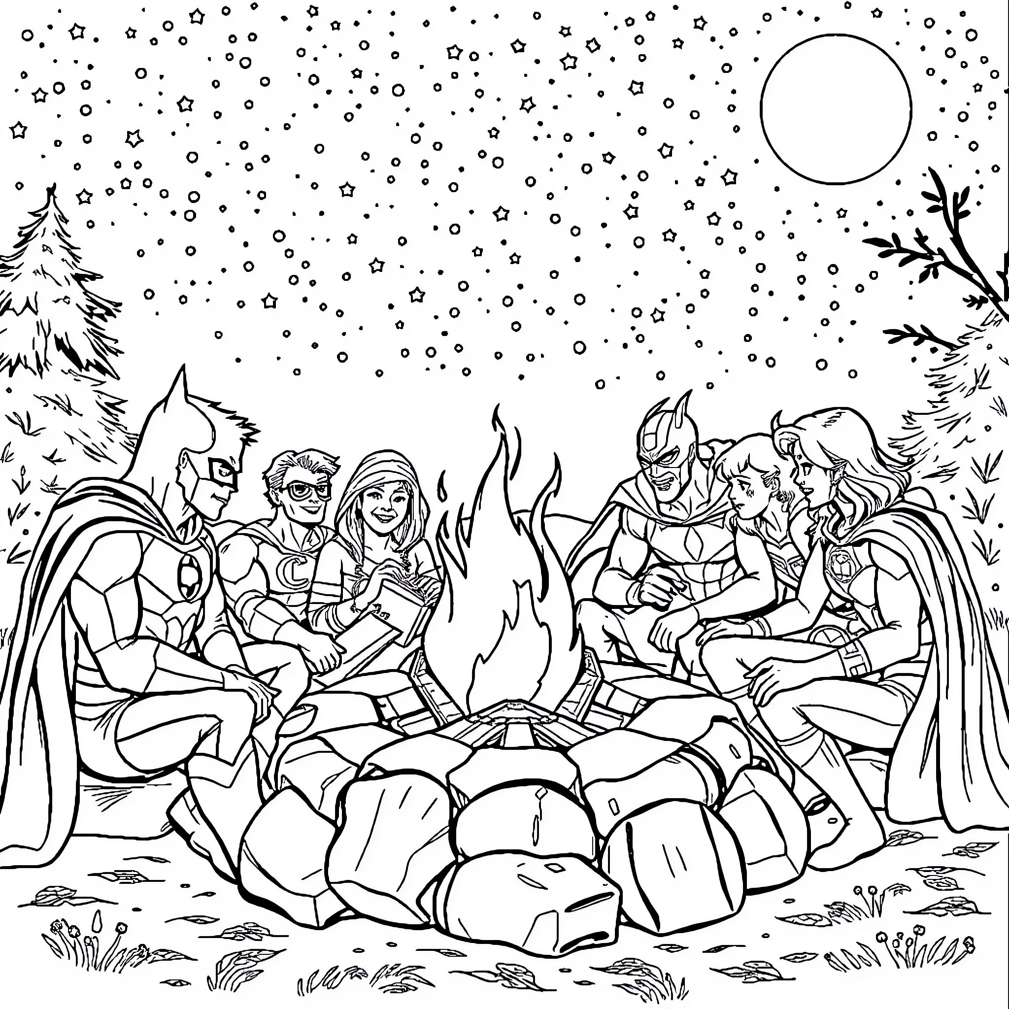 Superhero friends sharing a campfire on a snowy night Coloring Page (free black-and-white line drawing printable PDF for all, from beginners to advanced learners, including children, teens, adults, and seniors)