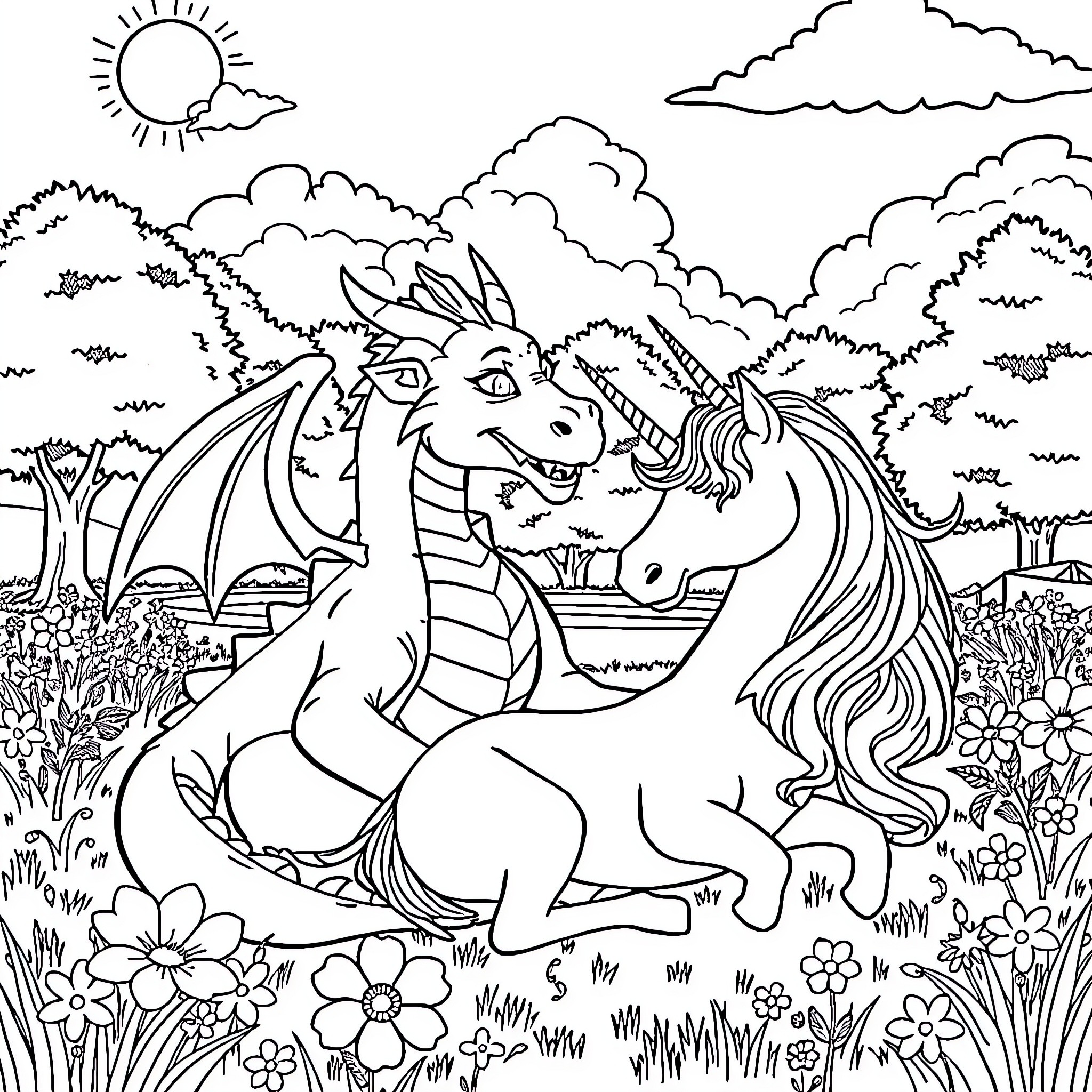 Dragon and Unicorn Playing in a Magical Forest Coloring Page (free black-and-white line drawing printable PDF for all, from beginners to advanced learners, including children, teens, adults, and seniors)