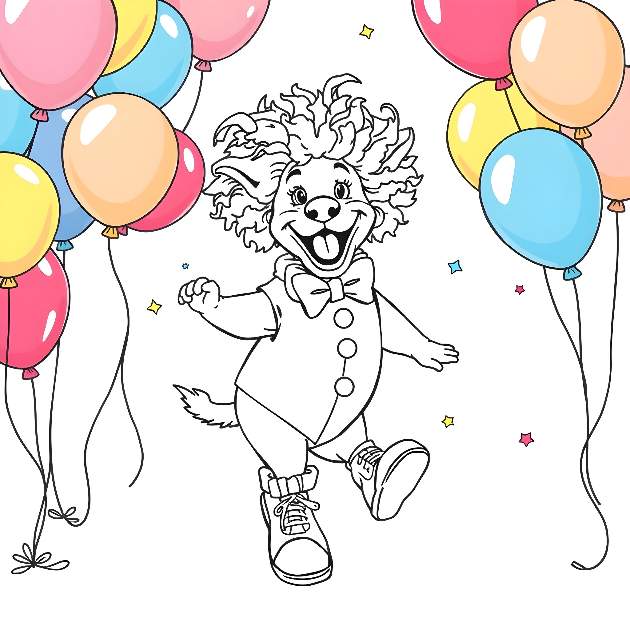 Dog Clown Juggling Balloons in Celebration Coloring Page (free black-and-white line drawing printable PDF for all, from beginners to advanced learners, including children, teens, adults, and seniors)