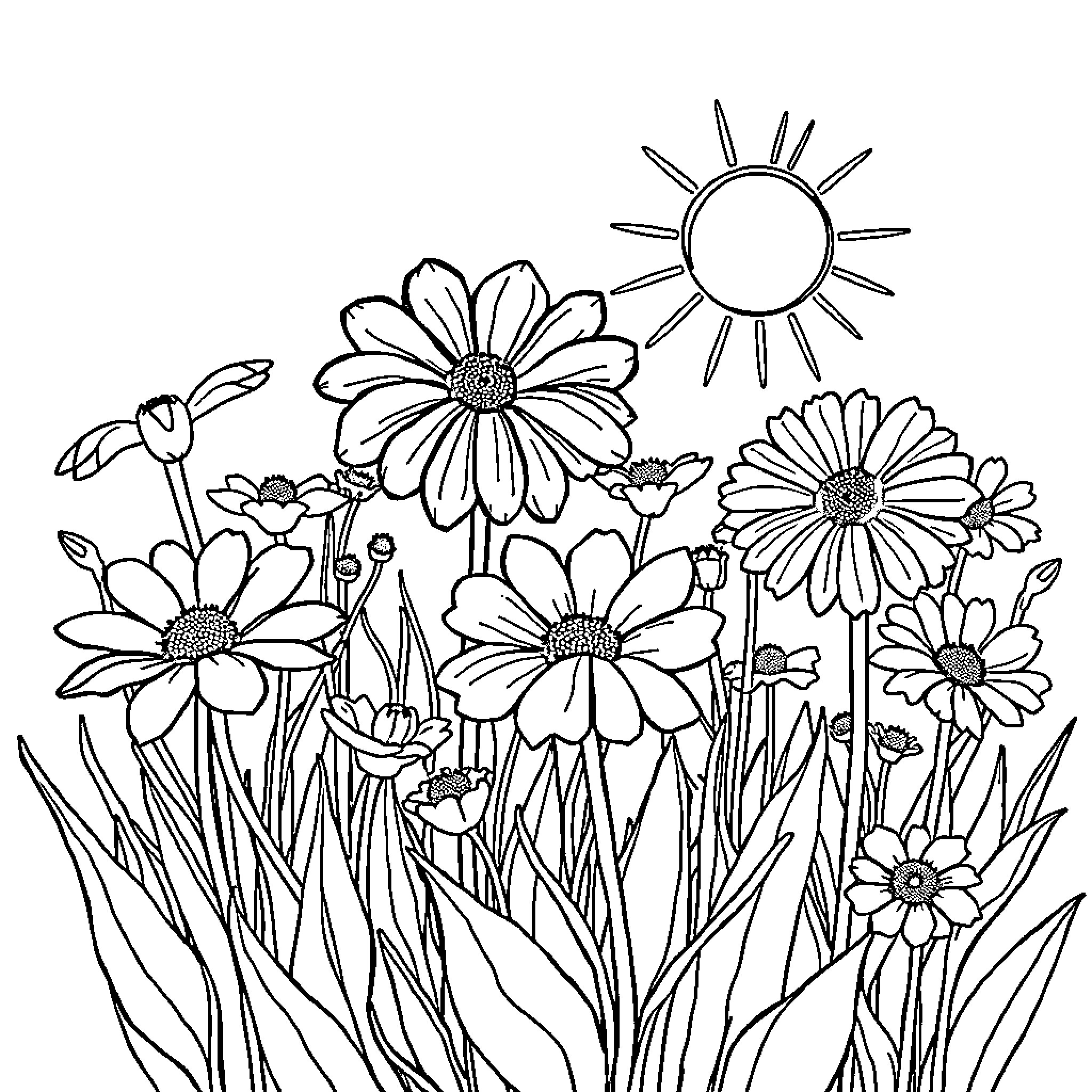 Flower garden with sun in the sky Coloring Page (free black-and-white line drawing printable PDF for all, from beginners to advanced learners, including children, teens, adults, and seniors)