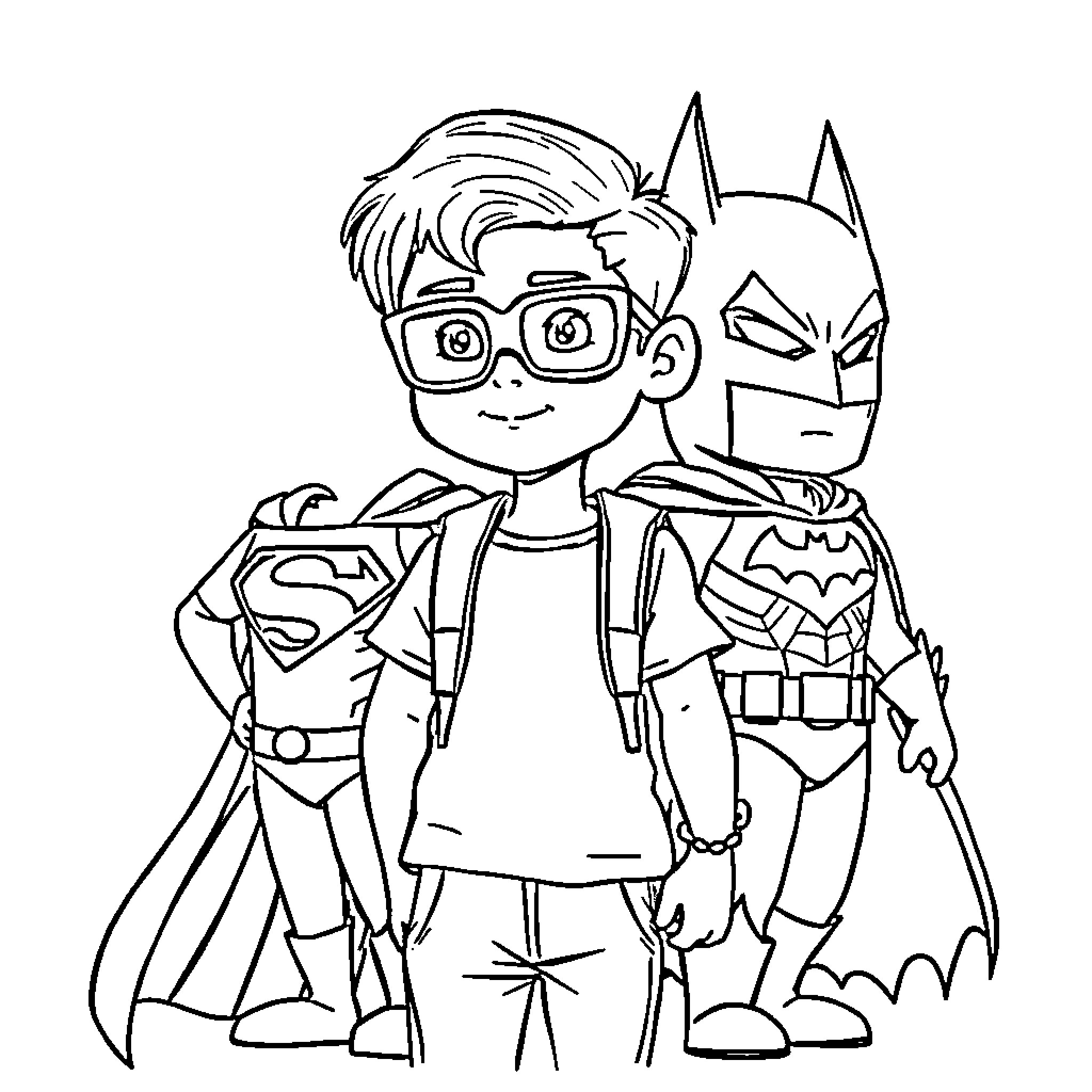 Niño dressed as superheroes in playful adventure Coloring Page (free black-and-white line drawing printable PDF for all, from beginners to advanced learners, including children, teens, adults, and seniors)