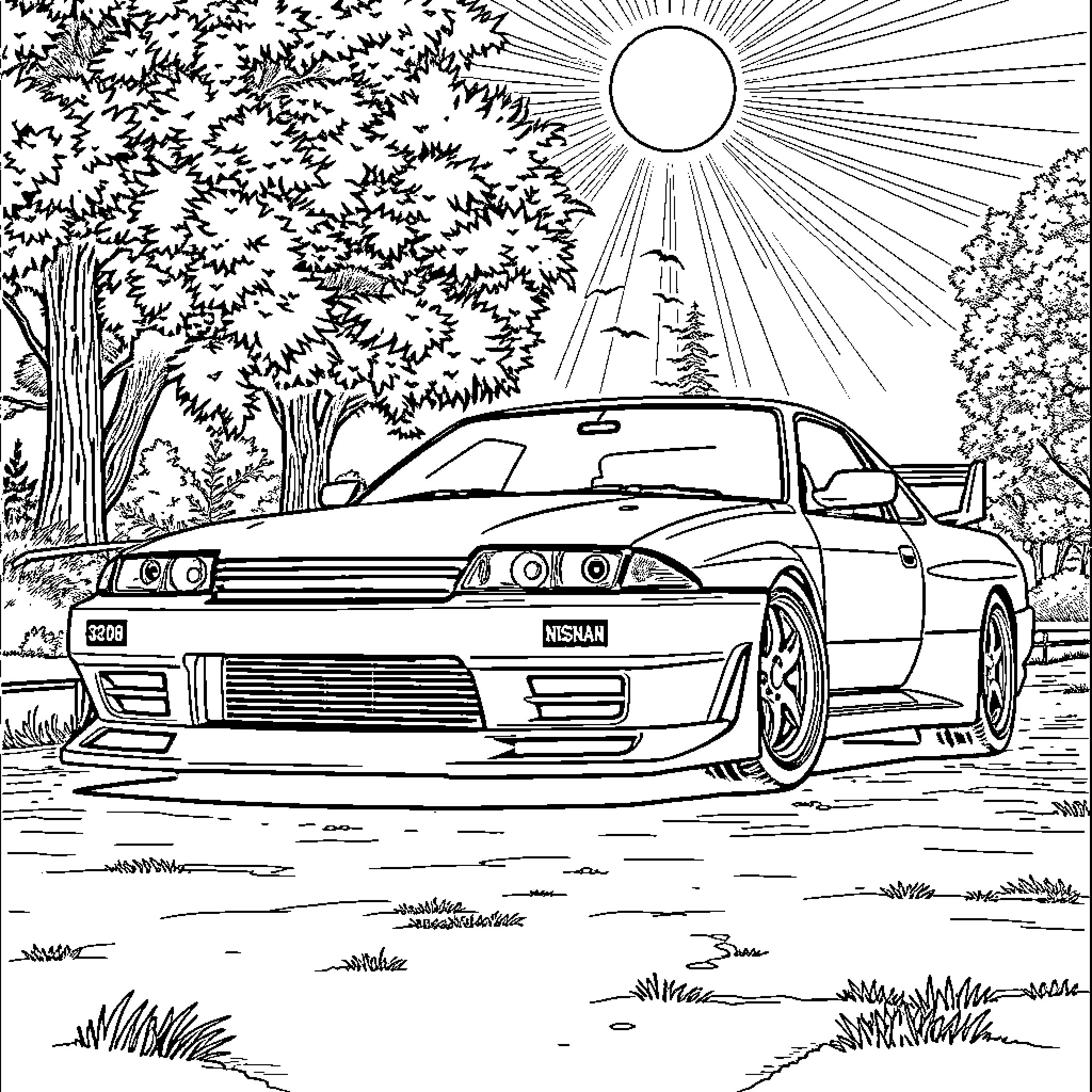 Nissan R32 sports car in nature Coloring Page (free black-and-white line drawing printable PDF for all, from beginners to advanced learners, including children, teens, adults, and seniors)