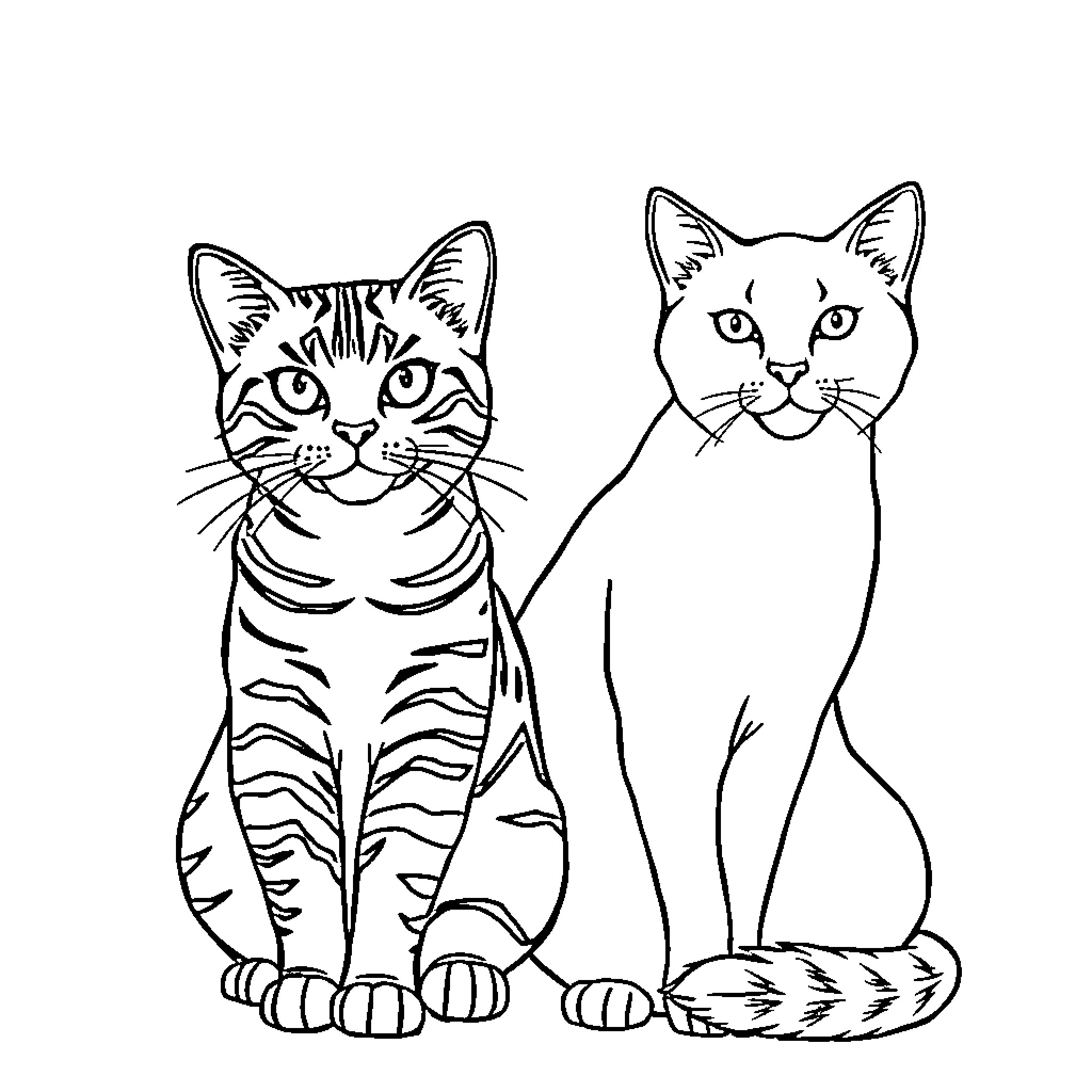 Cats sitting together with their unique expressions Coloring Page (free black-and-white line drawing printable PDF for all, from beginners to advanced learners, including children, teens, adults, and seniors)