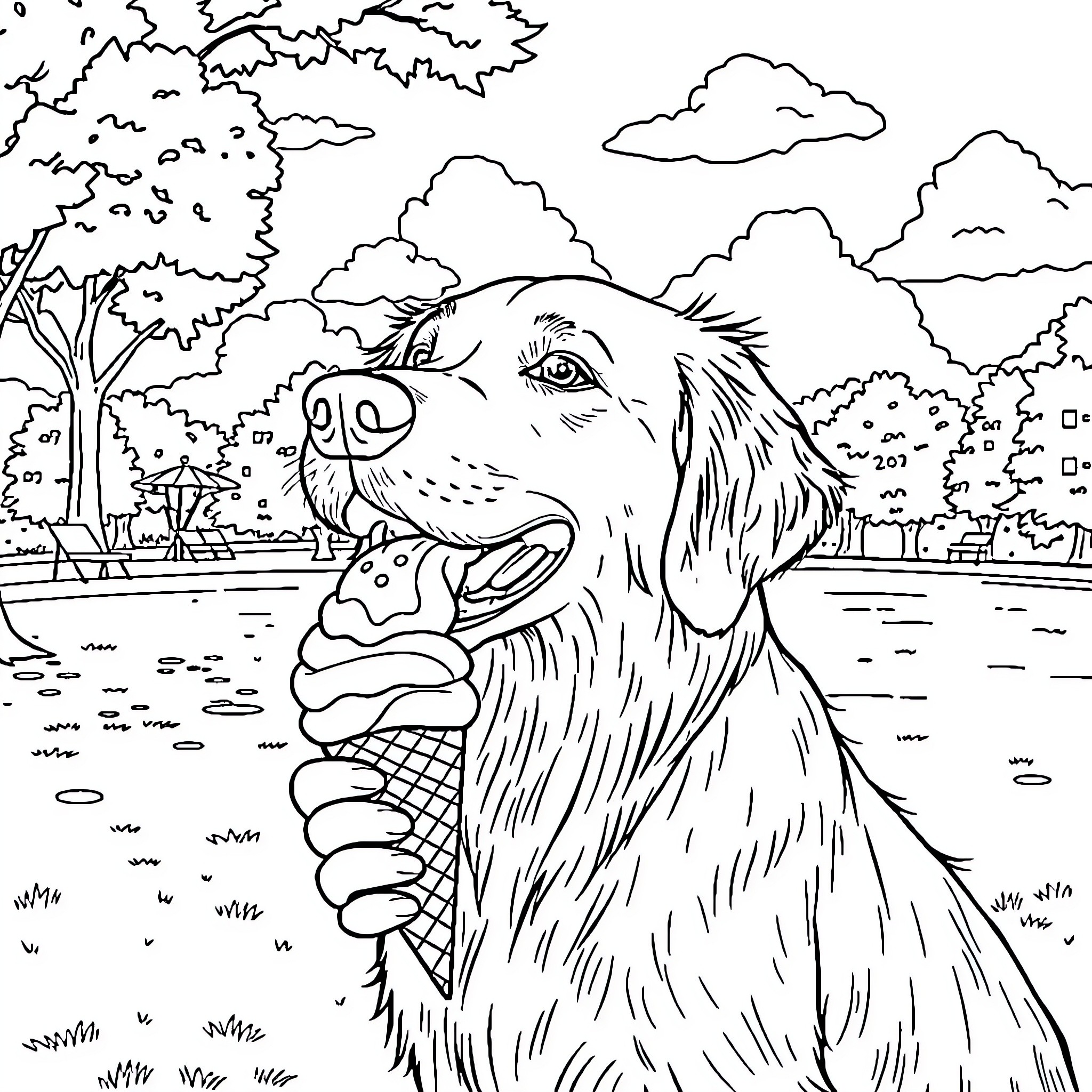 Golden Retriever enjoying the outdoors Coloring Page (free black-and-white line drawing printable PDF for all, from beginners to advanced learners, including children, teens, adults, and seniors)