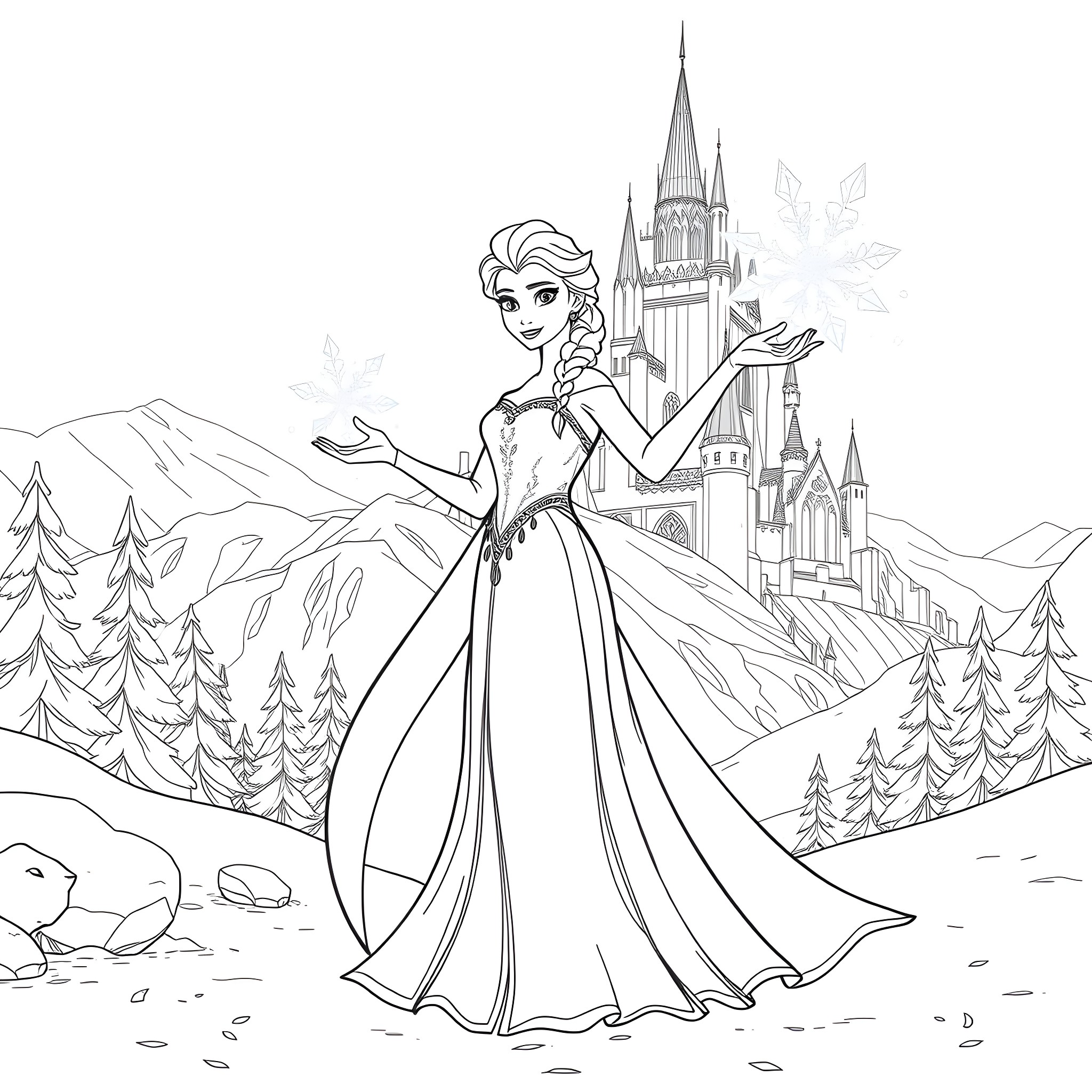 Elsa in her majestic ice palace dress Coloring Page (free black-and-white line drawing printable PDF for all, from beginners to advanced learners, including children, teens, adults, and seniors)