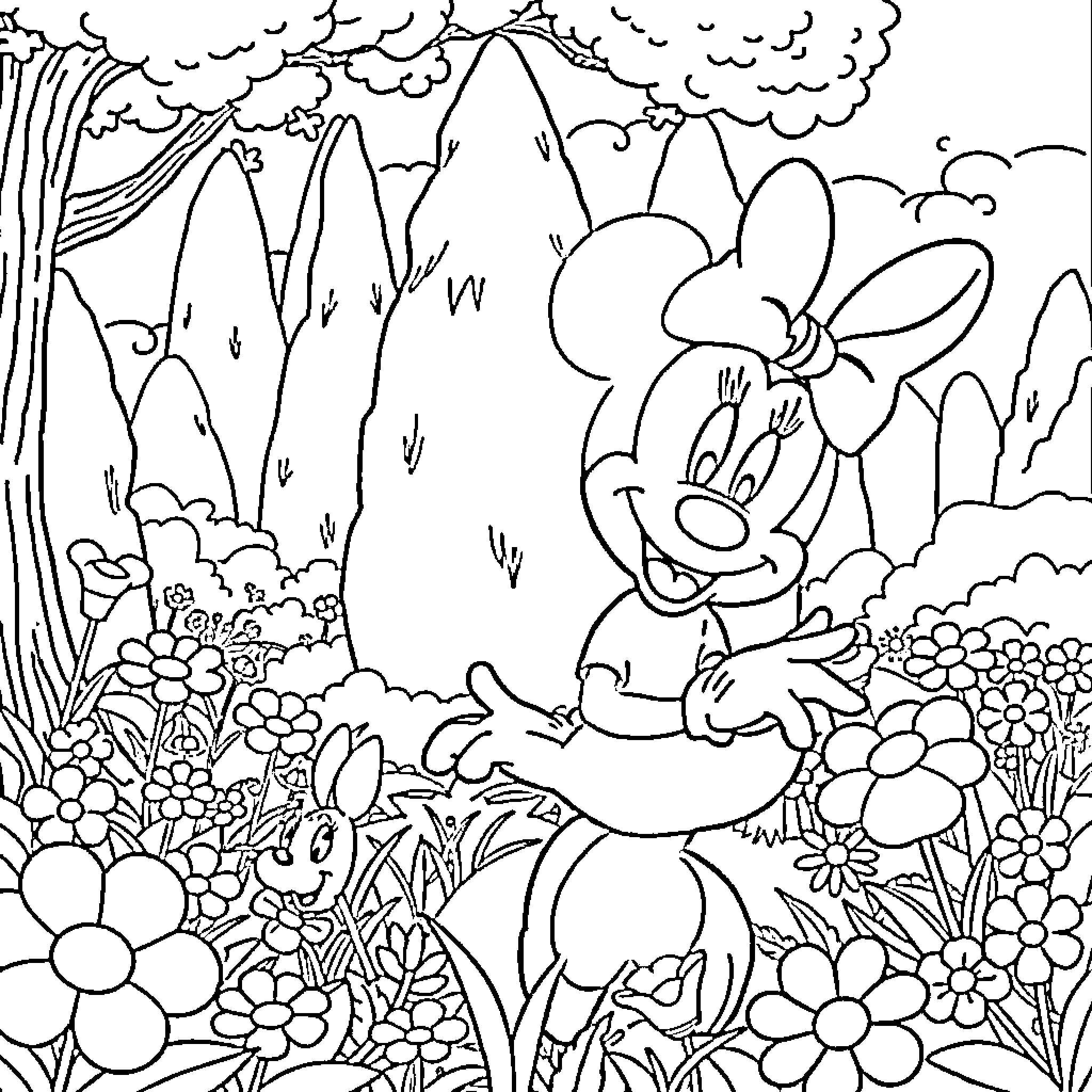Minnie enjoys the scenic garden Coloring Page (free black-and-white line drawing printable PDF for all, from beginners to advanced learners, including children, teens, adults, and seniors)