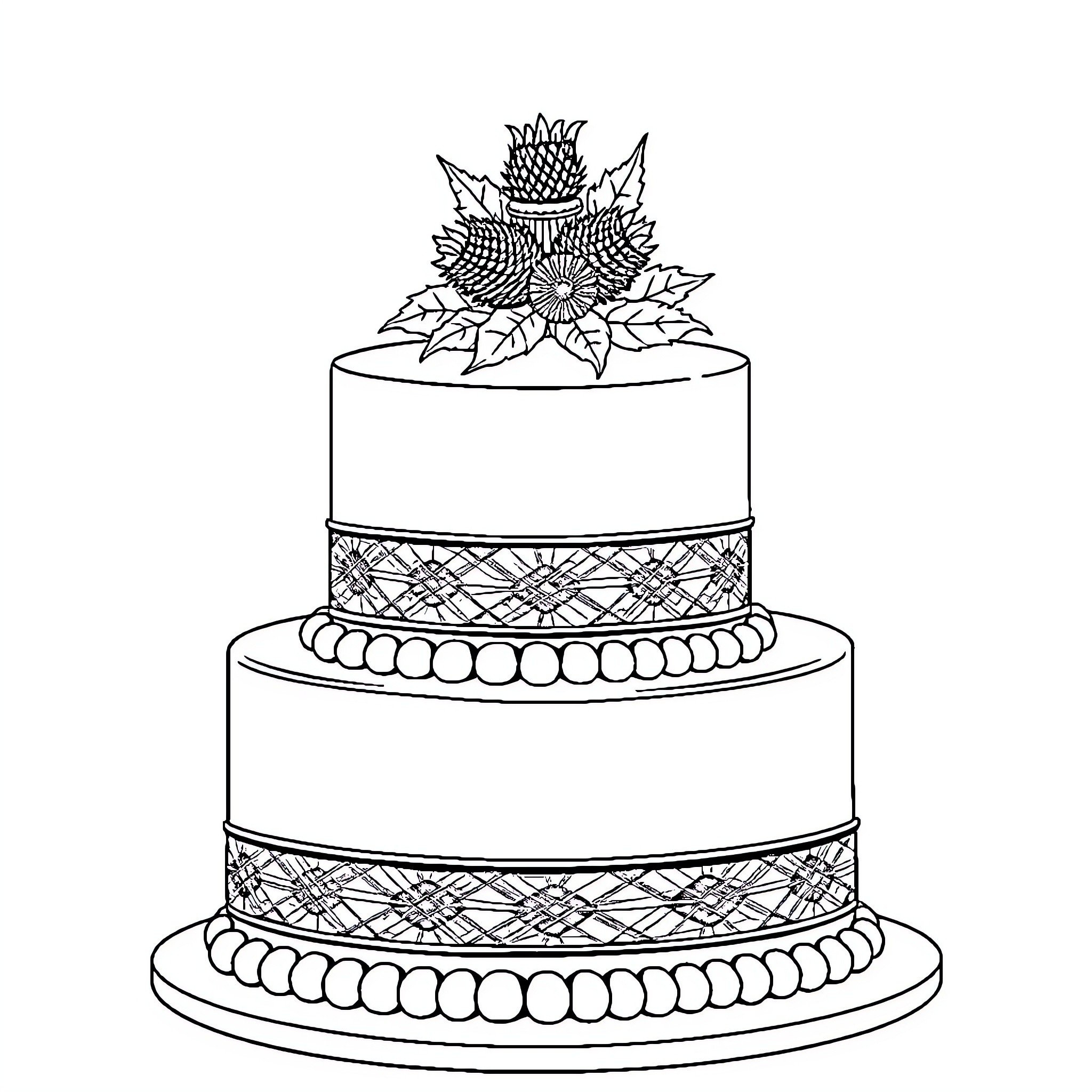 Wedding Cake with Decorative Floral Topper Coloring Page (free black-and-white line drawing printable PDF for all, from beginners to advanced learners, including children, teens, adults, and seniors)