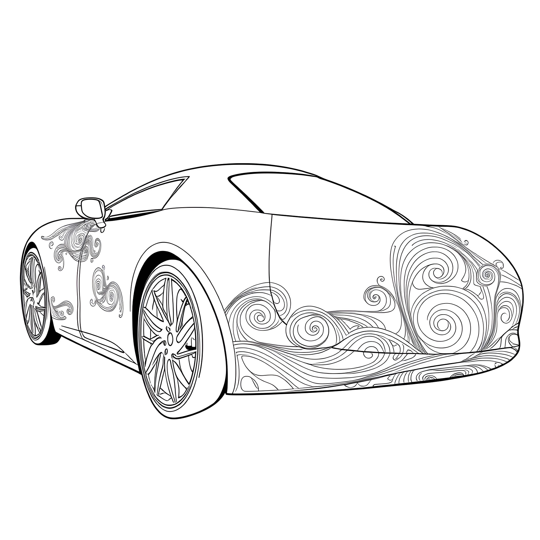Automotive car with abstract design Coloring Page (free black-and-white line drawing printable PDF for all, from beginners to advanced learners, including children, teens, adults, and seniors)