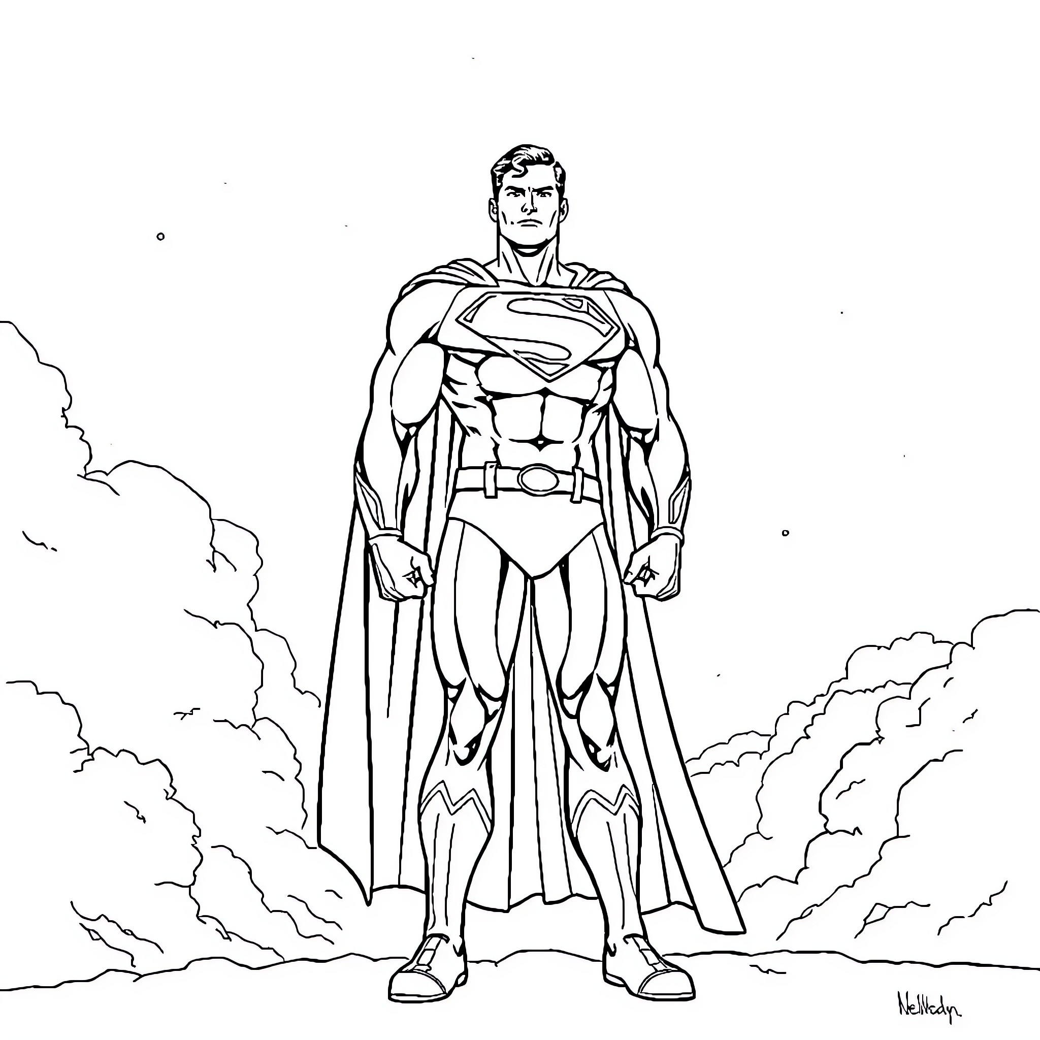 Superman soaring heroically through the sky Coloring Page (free black-and-white line drawing printable PDF for all, from beginners to advanced learners, including children, teens, adults, and seniors)