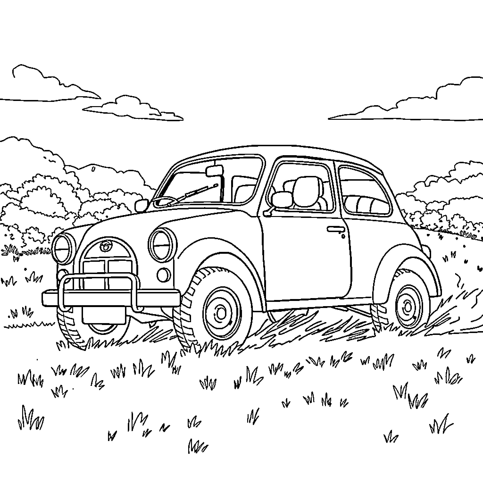 Car driving through scenic countryside Coloring Page (free black-and-white line drawing printable PDF for all, from beginners to advanced learners, including children, teens, adults, and seniors)