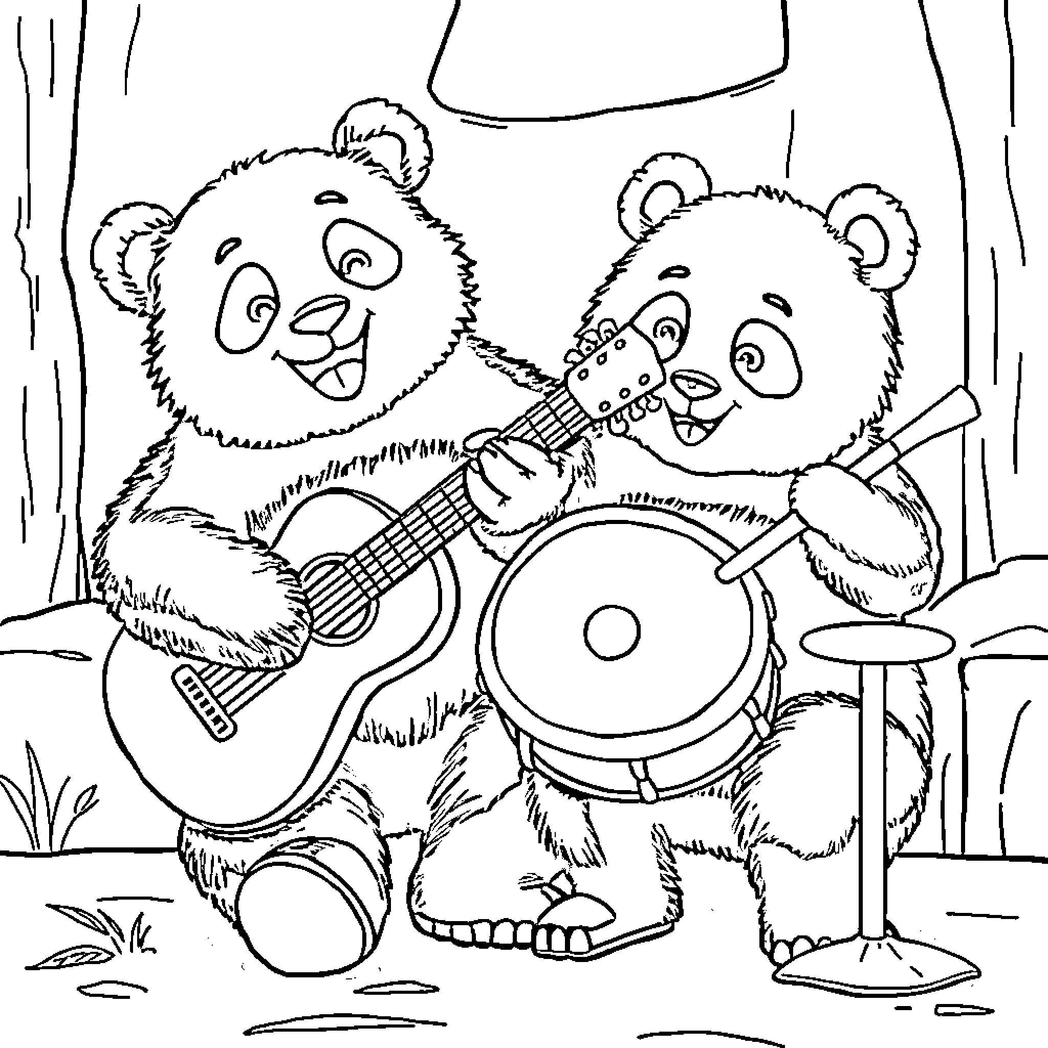 Panda Bears Playing Music in the Forest Coloring Page (free black-and-white line drawing printable PDF for all, from beginners to advanced learners, including children, teens, adults, and seniors)