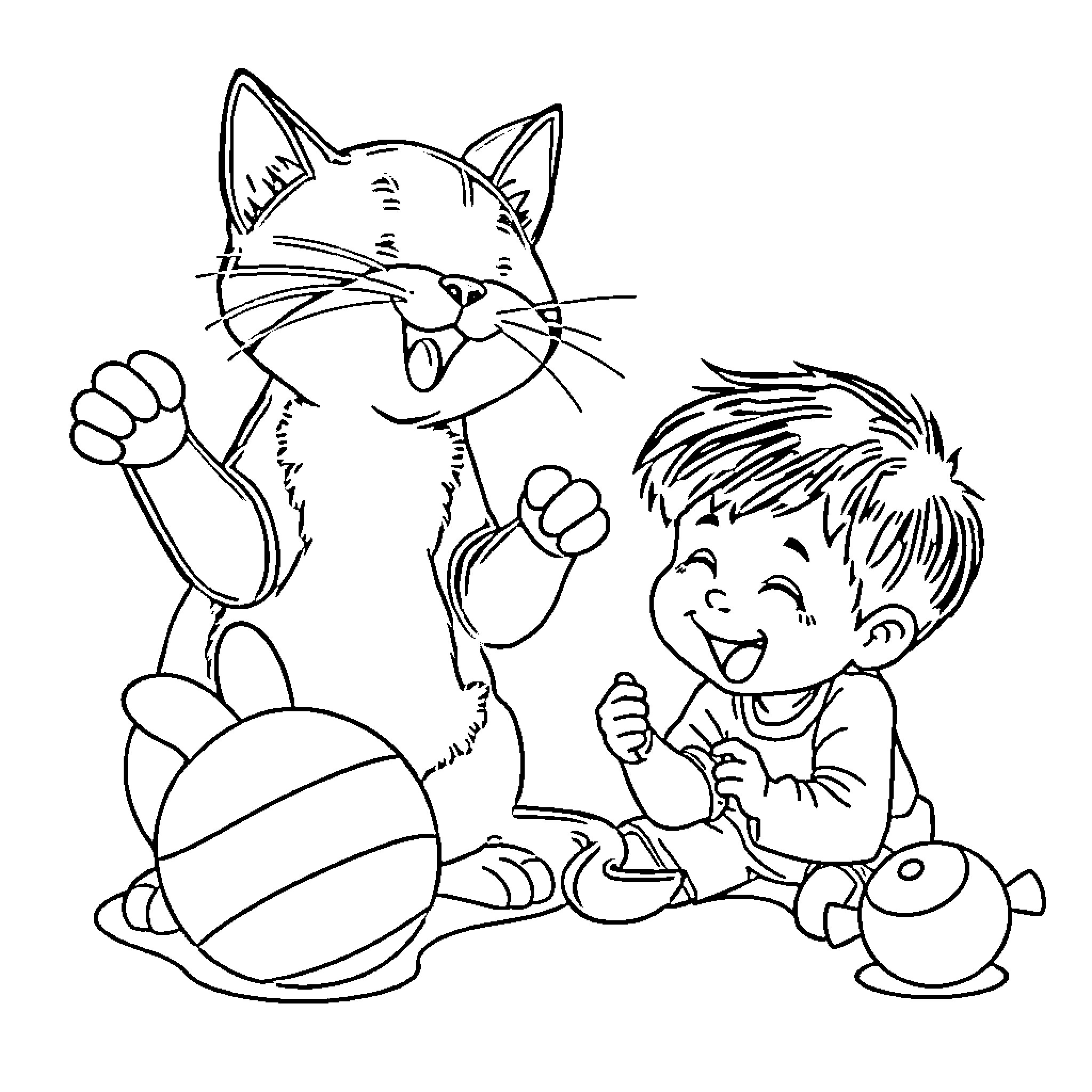 Cat and boy playing with toys together Coloring Page (free black-and-white line drawing printable PDF for all, from beginners to advanced learners, including children, teens, adults, and seniors)