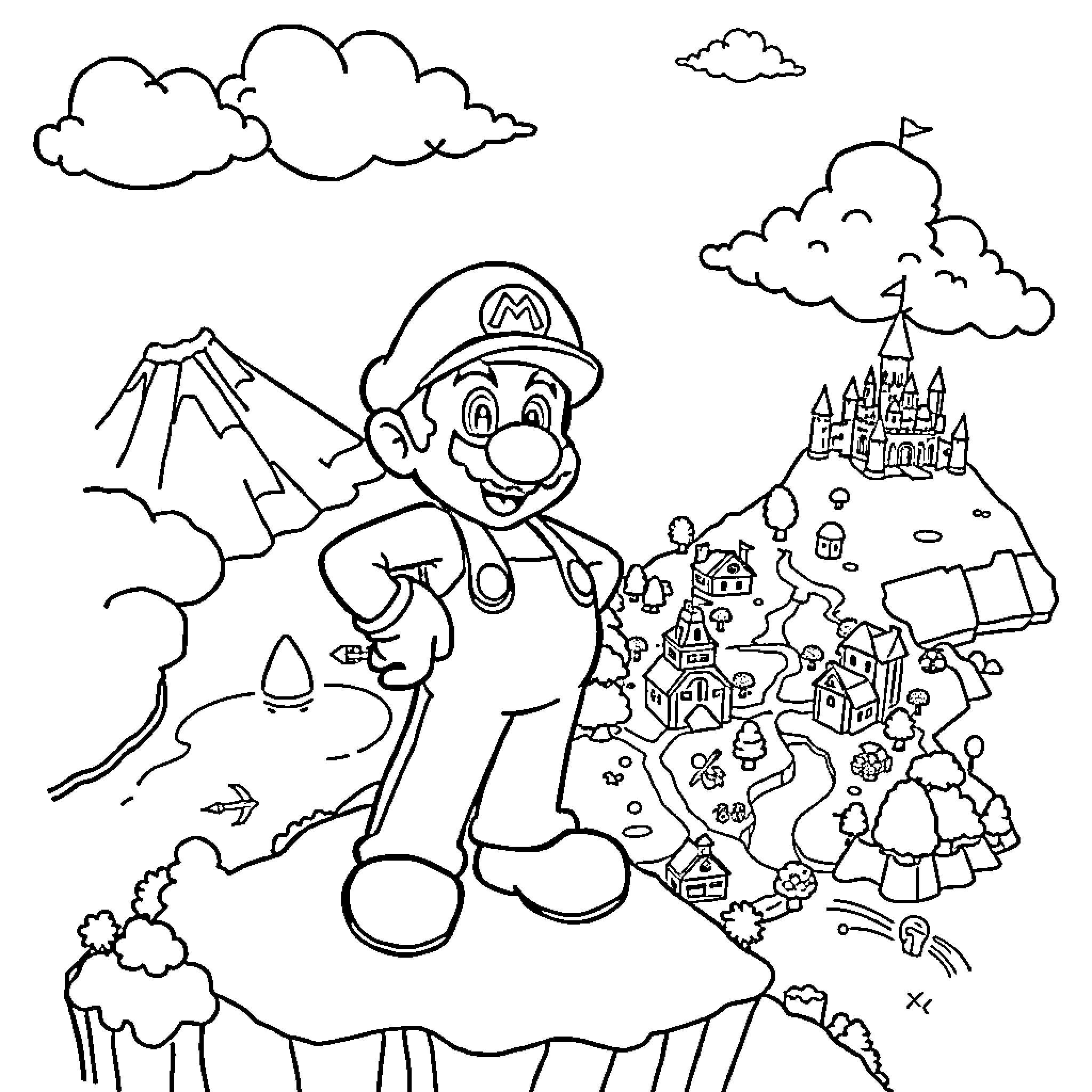 Super Mario's Adventure in the Mushroom Kingdom Coloring Page (free black-and-white line drawing printable PDF for all, from beginners to advanced learners, including children, teens, adults, and seniors)