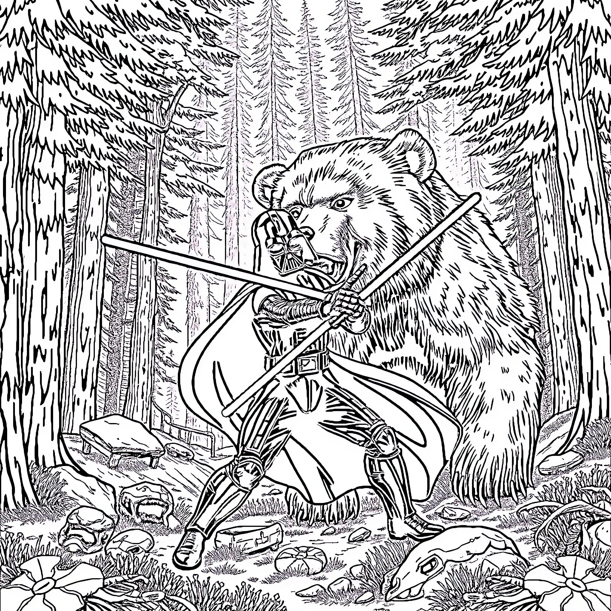 Darth Vader confronting a ferocious bear in the forest Coloring Page (free black-and-white line drawing printable PDF for all, from beginners to advanced learners, including children, teens, adults, and seniors)