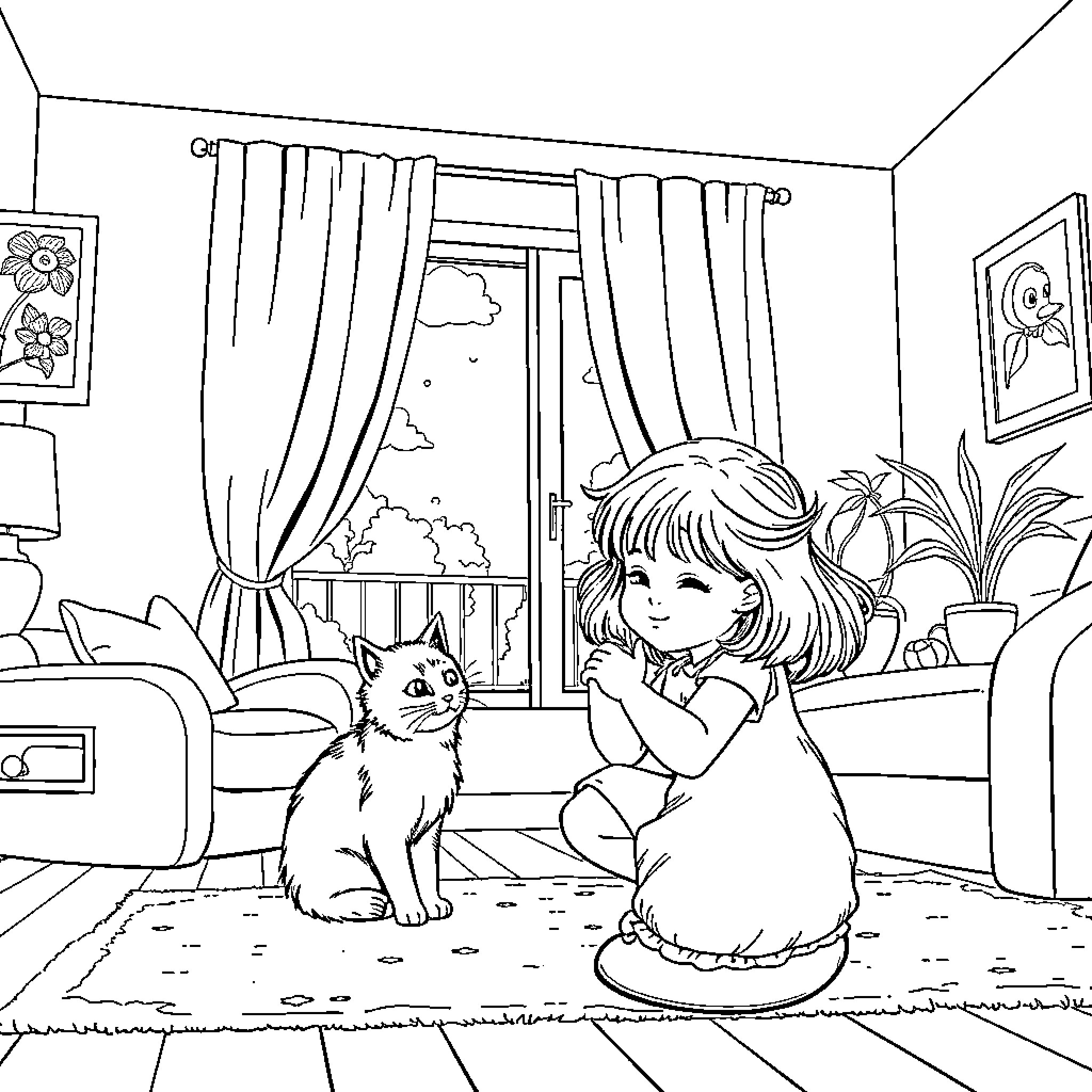 Girl petting adorable kitten in cozy home Coloring Page (free black-and-white line drawing printable PDF for all, from beginners to advanced learners, including children, teens, adults, and seniors)