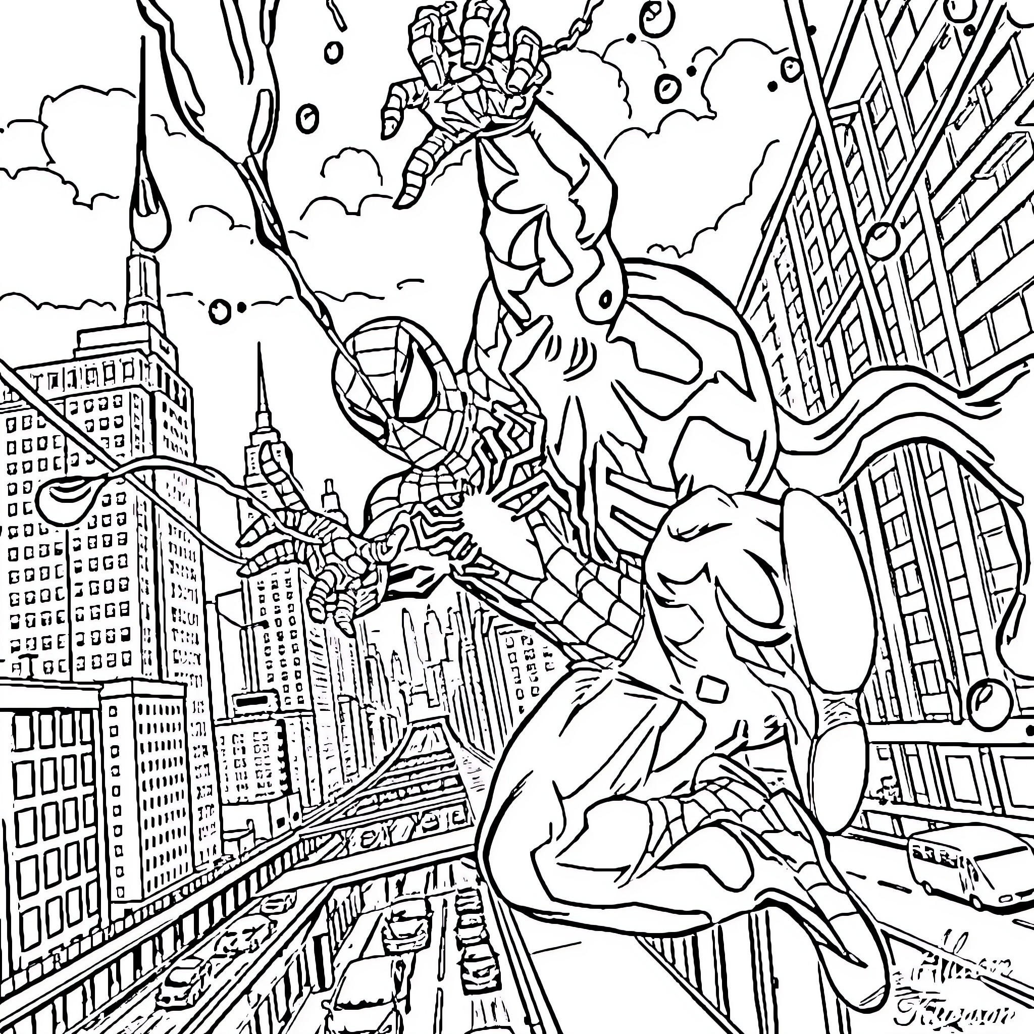 Venom Unleashed in the City Streets Coloring Page (free black-and-white line drawing printable PDF for all, from beginners to advanced learners, including children, teens, adults, and seniors)