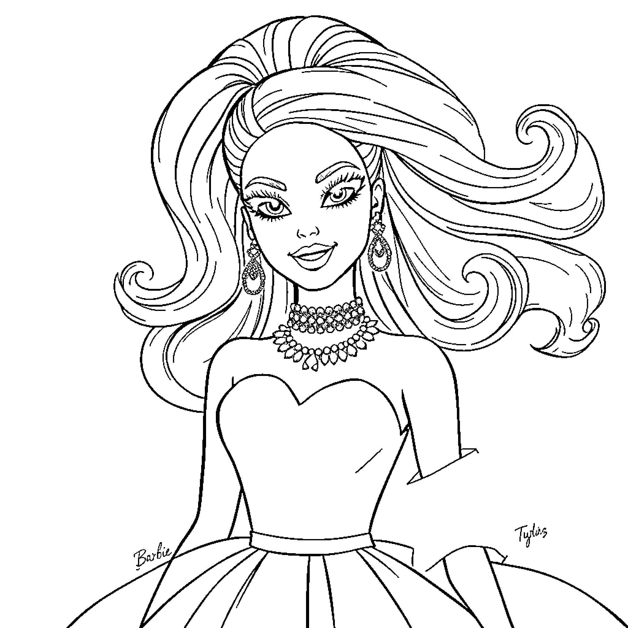 Barbie in elegant evening gown with flowing hair Coloring Page (free black-and-white line drawing printable PDF for all, from beginners to advanced learners, including children, teens, adults, and seniors)