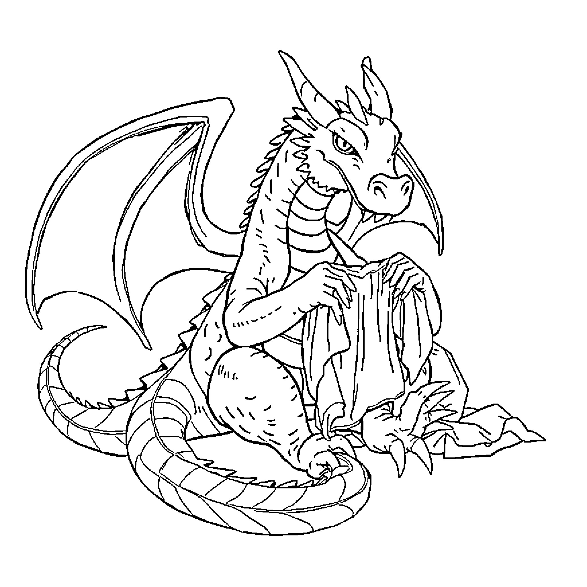 Dragon Resting Contentedly Among Rocks and Foliage Coloring Page (free black-and-white line drawing printable PDF for all, from beginners to advanced learners, including children, teens, adults, and seniors)