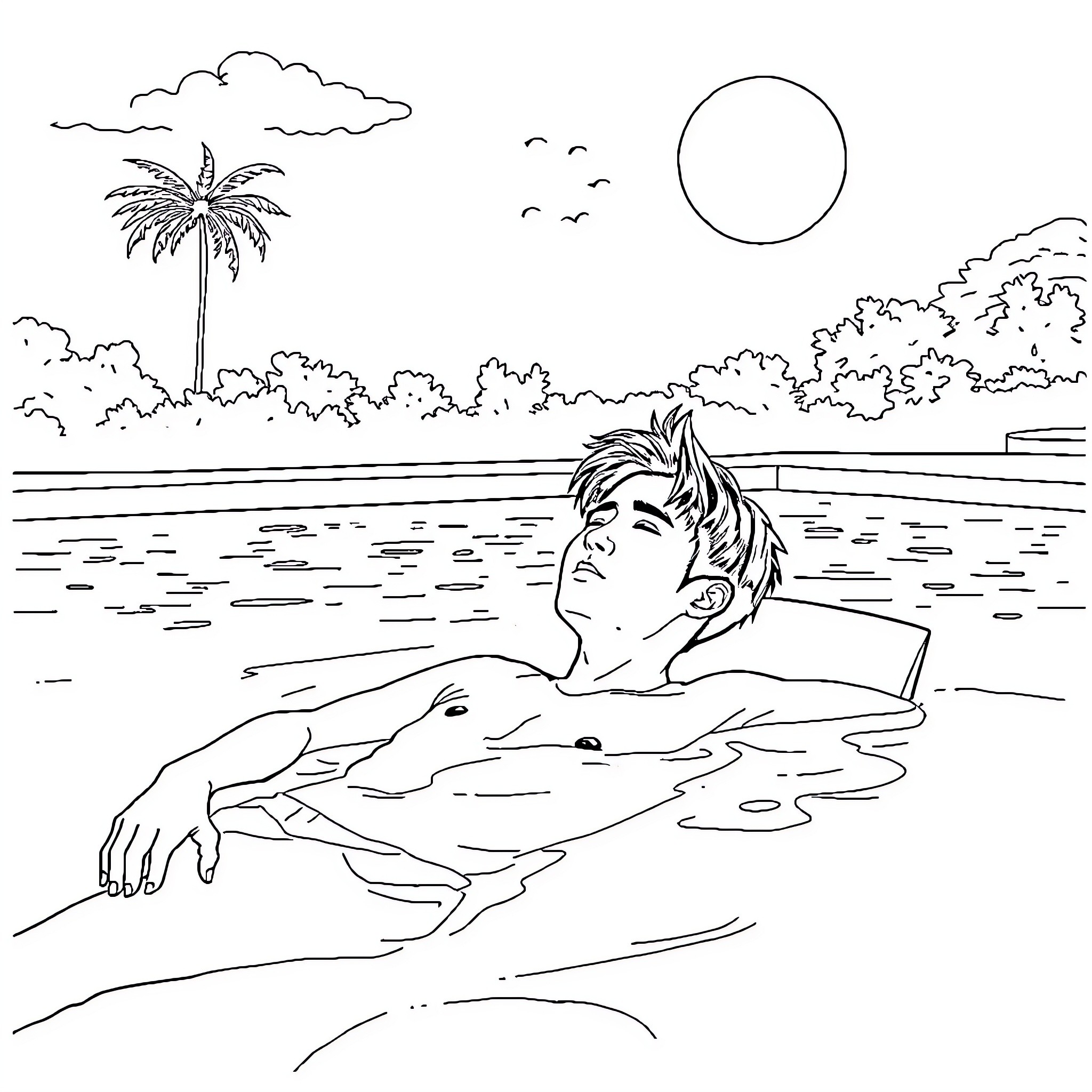 Choi Hyunwook relaxing in a tropical lagoon Coloring Page (free black-and-white line drawing printable PDF for all, from beginners to advanced learners, including children, teens, adults, and seniors)