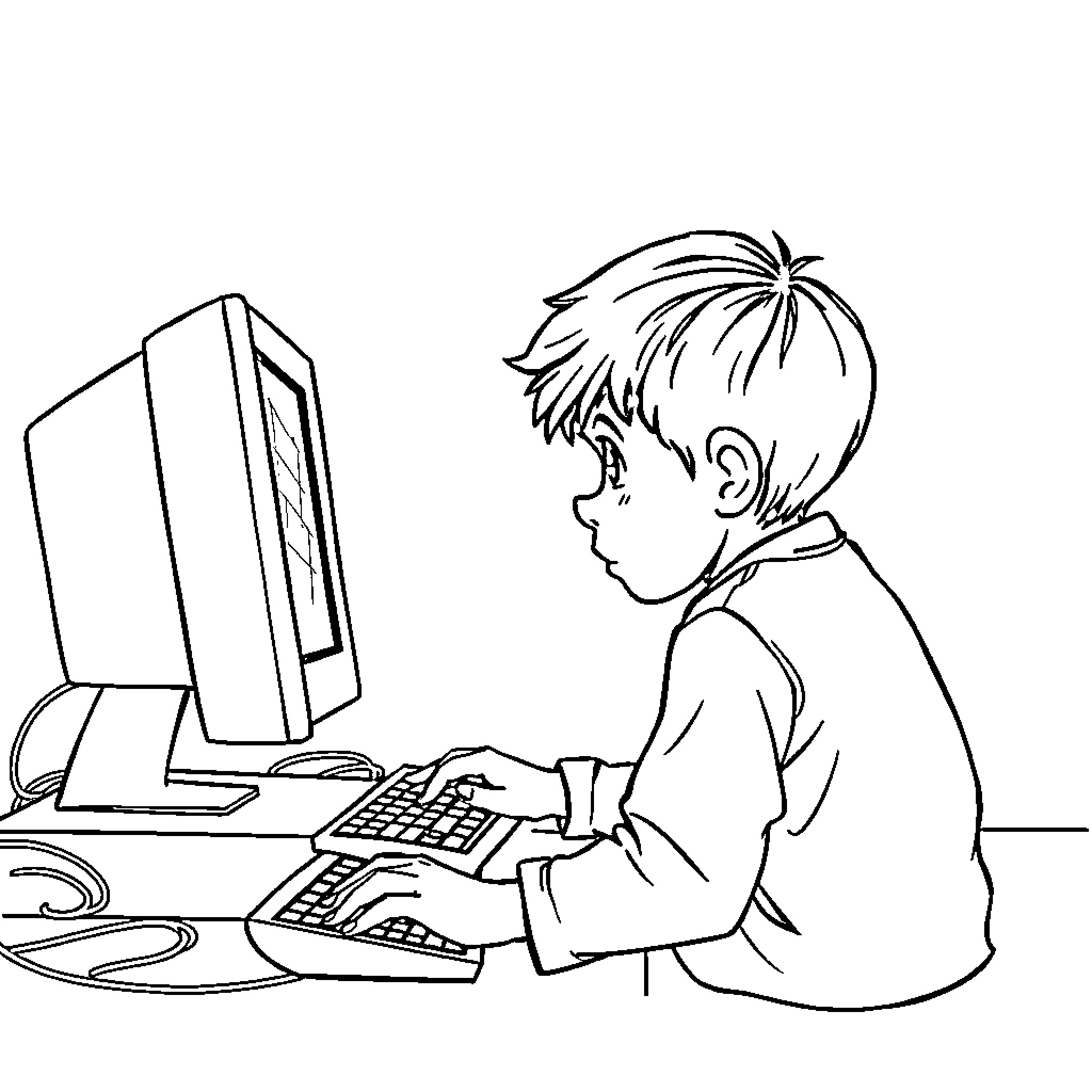 Child using computer intently Coloring Page (free black-and-white line drawing printable PDF for all, from beginners to advanced learners, including children, teens, adults, and seniors)