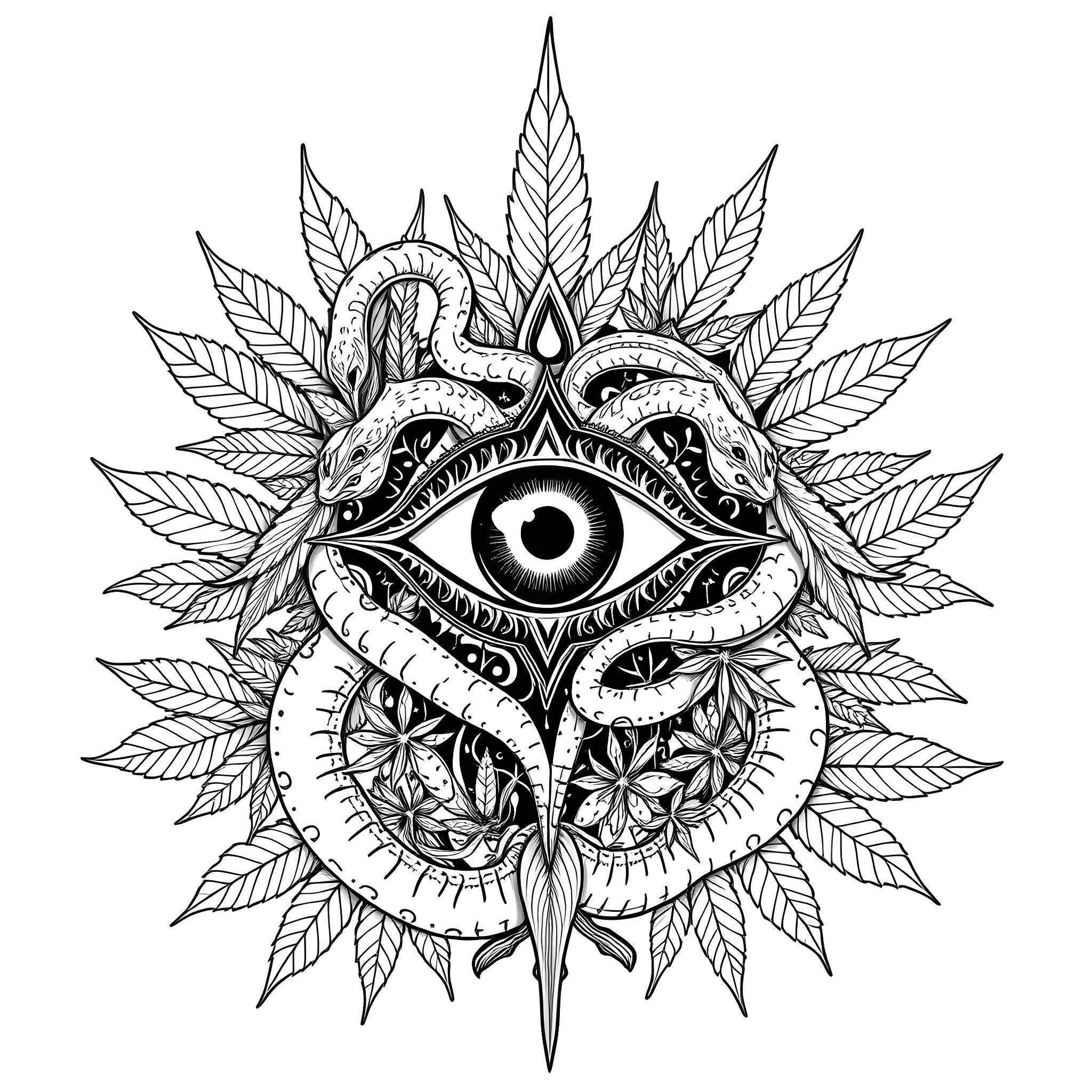 Eye of Wisdom within Ornate Leaf Mandala Coloring Page (free black-and-white line drawing printable PDF for all, from beginners to advanced learners, including children, teens, adults, and seniors)
