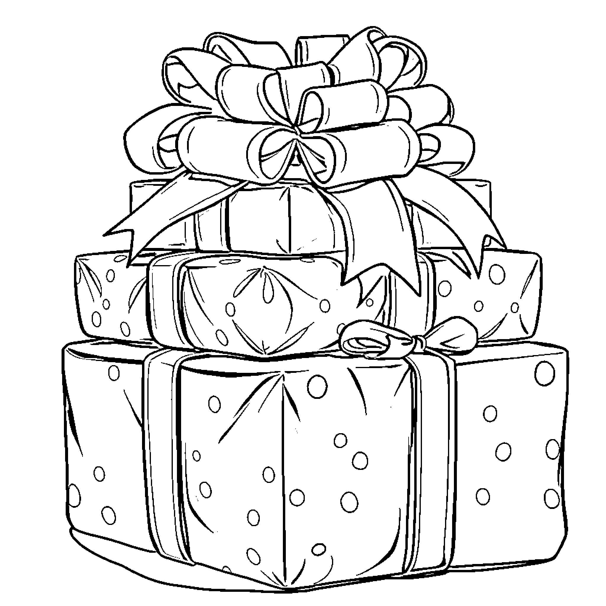 Present Wrapped Gifts with Bows Coloring Page (free black-and-white line drawing printable PDF for all, from beginners to advanced learners, including children, teens, adults, and seniors)