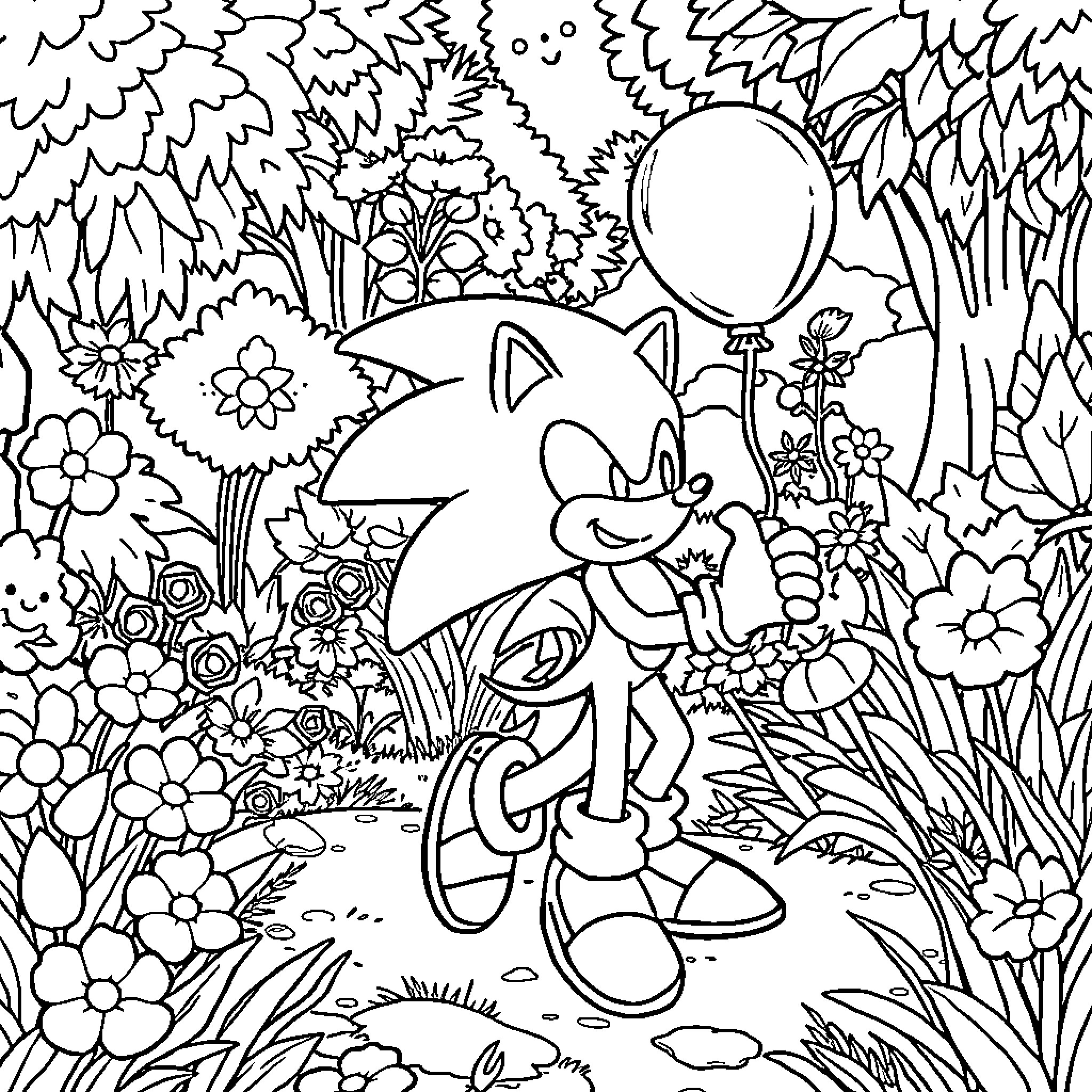 Sonic exploring the vibrant floral forest Coloring Page (free black-and-white line drawing printable PDF for all, from beginners to advanced learners, including children, teens, adults, and seniors)