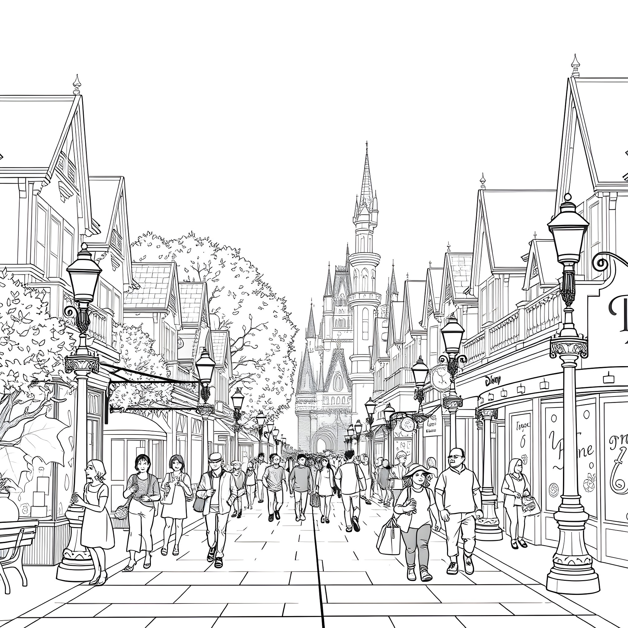 Main Street of a Bustling Amusement Park Coloring Page (free black-and-white line drawing printable PDF for all, from beginners to advanced learners, including children, teens, adults, and seniors)