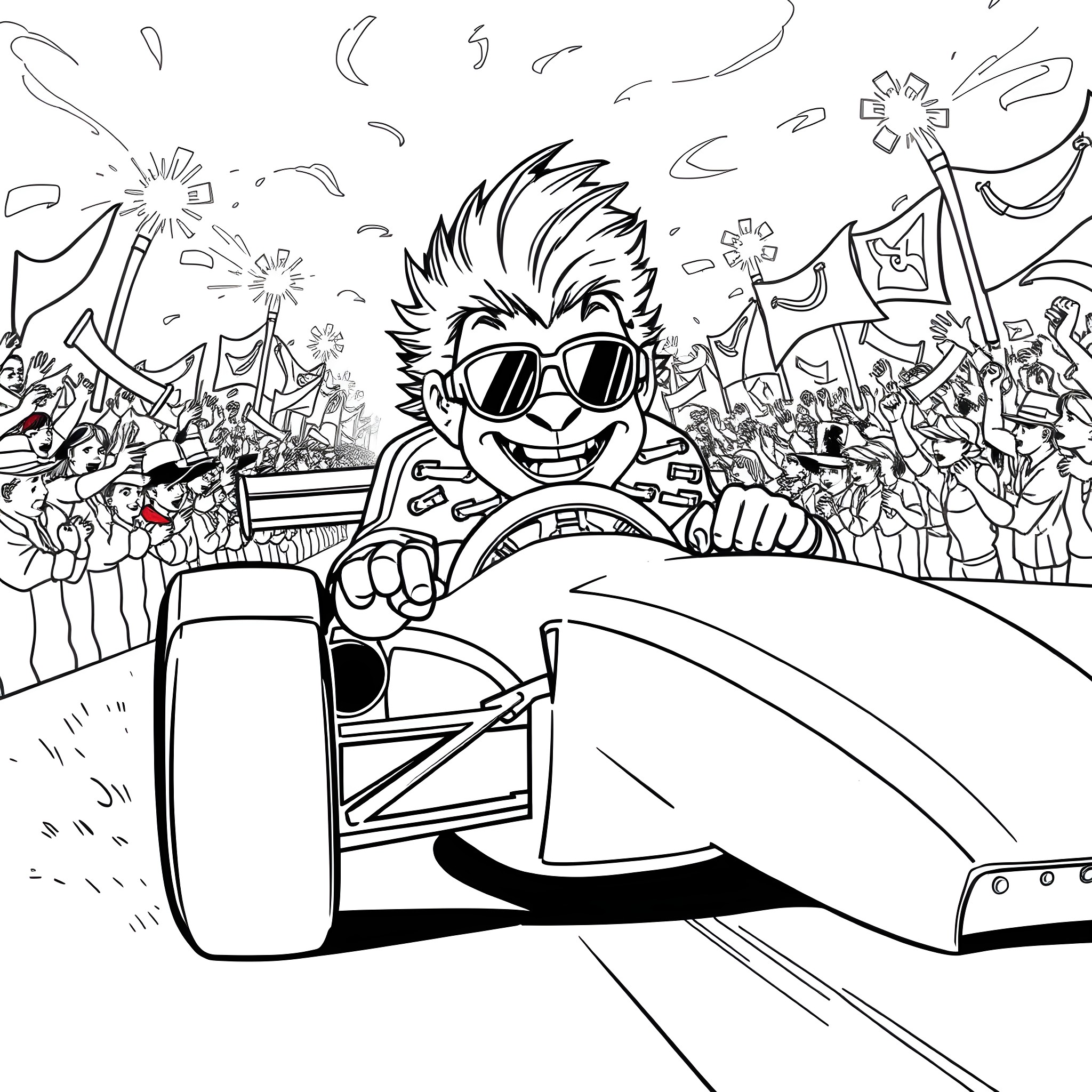 Glamrock Freddy's Exhilarating Race through the Crowd Coloring Page (free black-and-white line drawing printable PDF for all, from beginners to advanced learners, including children, teens, adults, and seniors)