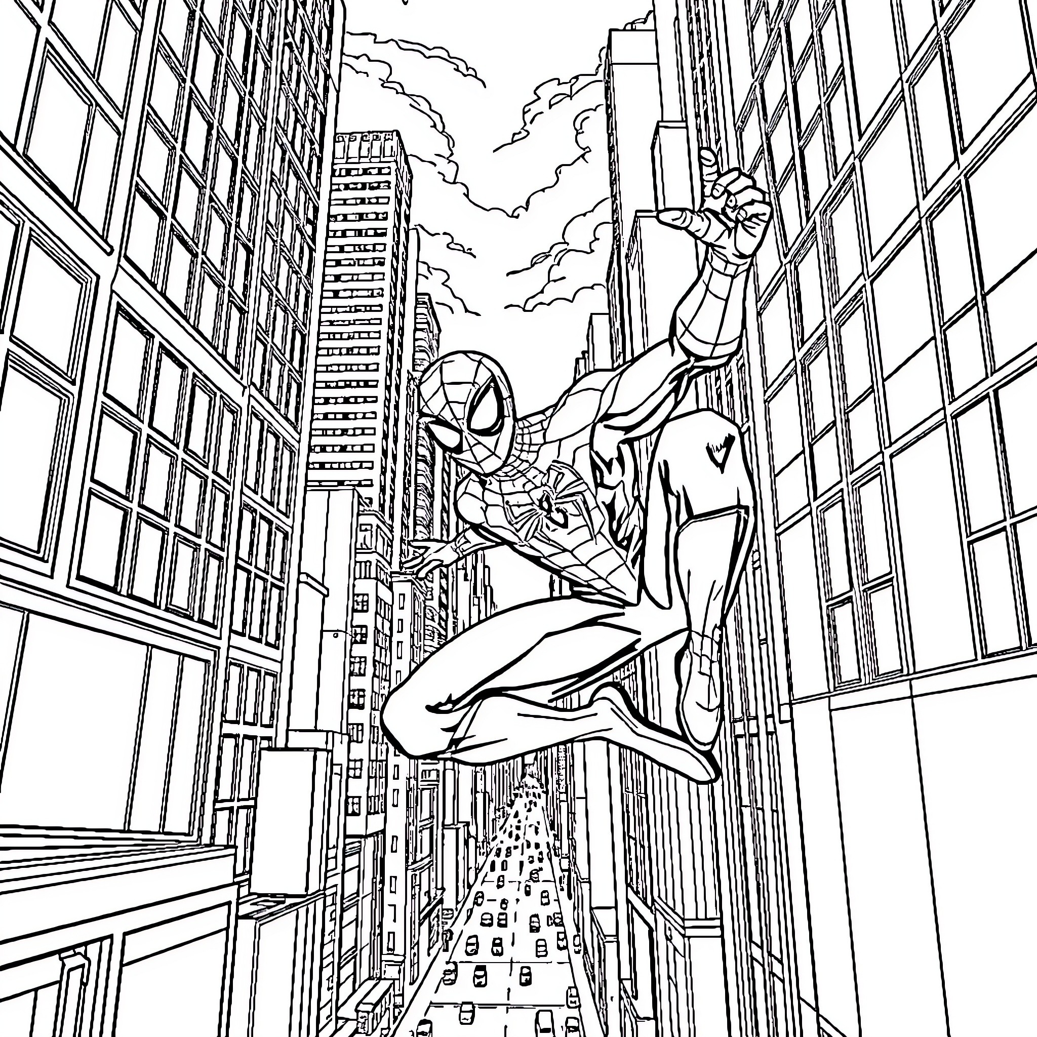 Spiderman swinging through the city skyline Coloring Page (free black-and-white line drawing printable PDF for all, from beginners to advanced learners, including children, teens, adults, and seniors)