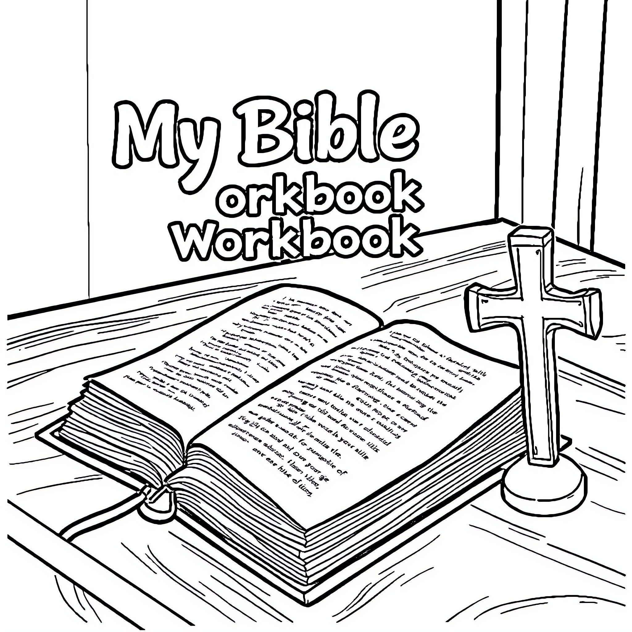 Bible workbook with open bible and cross Coloring Page (free black-and-white line drawing printable PDF for all, from beginners to advanced learners, including children, teens, adults, and seniors)