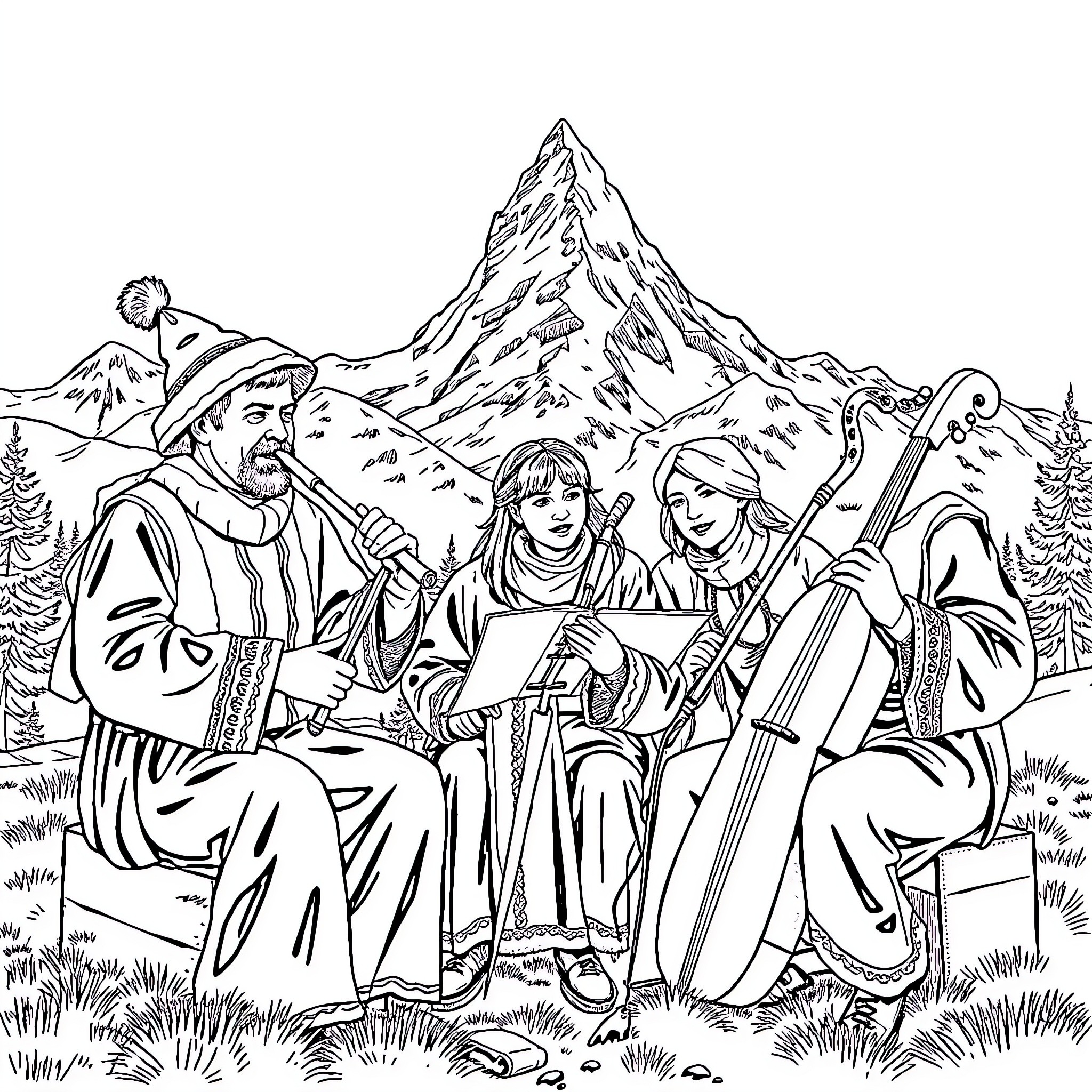 Schwyzerörgeli musicians perform before scenic mountain backdrop Coloring Page (free black-and-white line drawing printable PDF for all, from beginners to advanced learners, including children, teens, adults, and seniors)