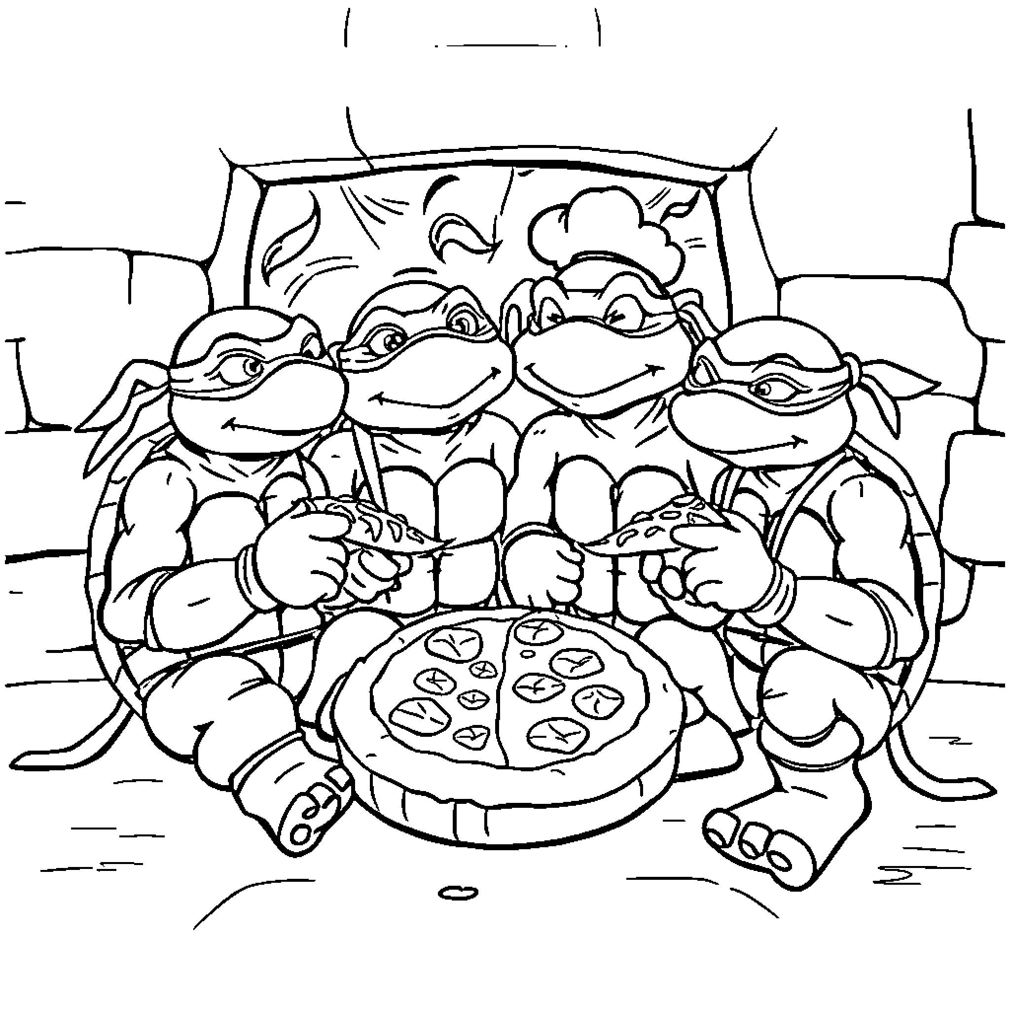 Ninja Turtles enjoying a delicious pizza together Coloring Page (free black-and-white line drawing printable PDF for all, from beginners to advanced learners, including children, teens, adults, and seniors)