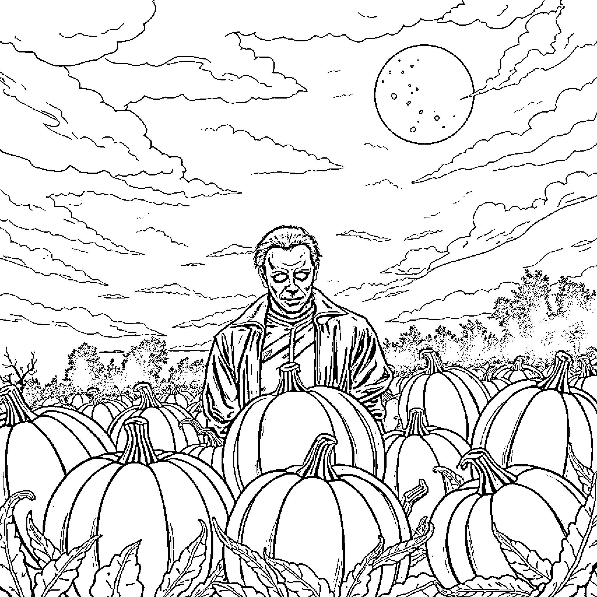 Michael Myers stalking through pumpkin patch on a moonlit night Coloring Page (free black-and-white line drawing printable PDF for all, from beginners to advanced learners, including children, teens, adults, and seniors)