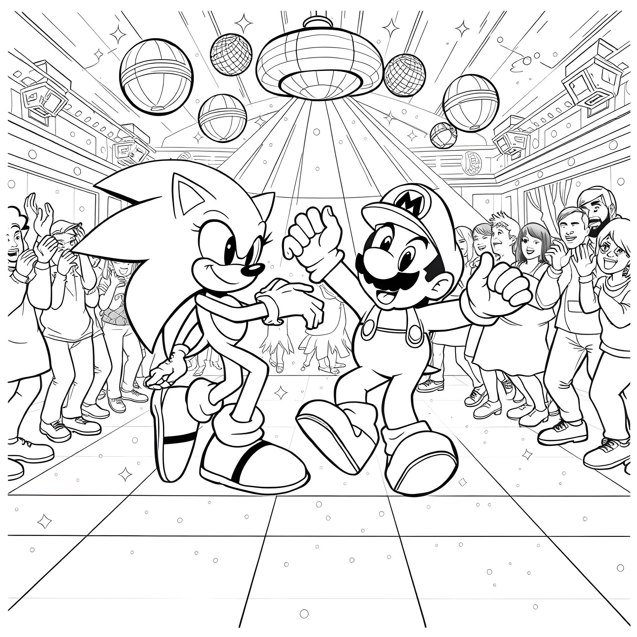 Sonic and Mario's Exciting Adventure in a Lively Arcade Coloring Page (free black-and-white line drawing printable PDF for all, from beginners to advanced learners, including children, teens, adults, and seniors)