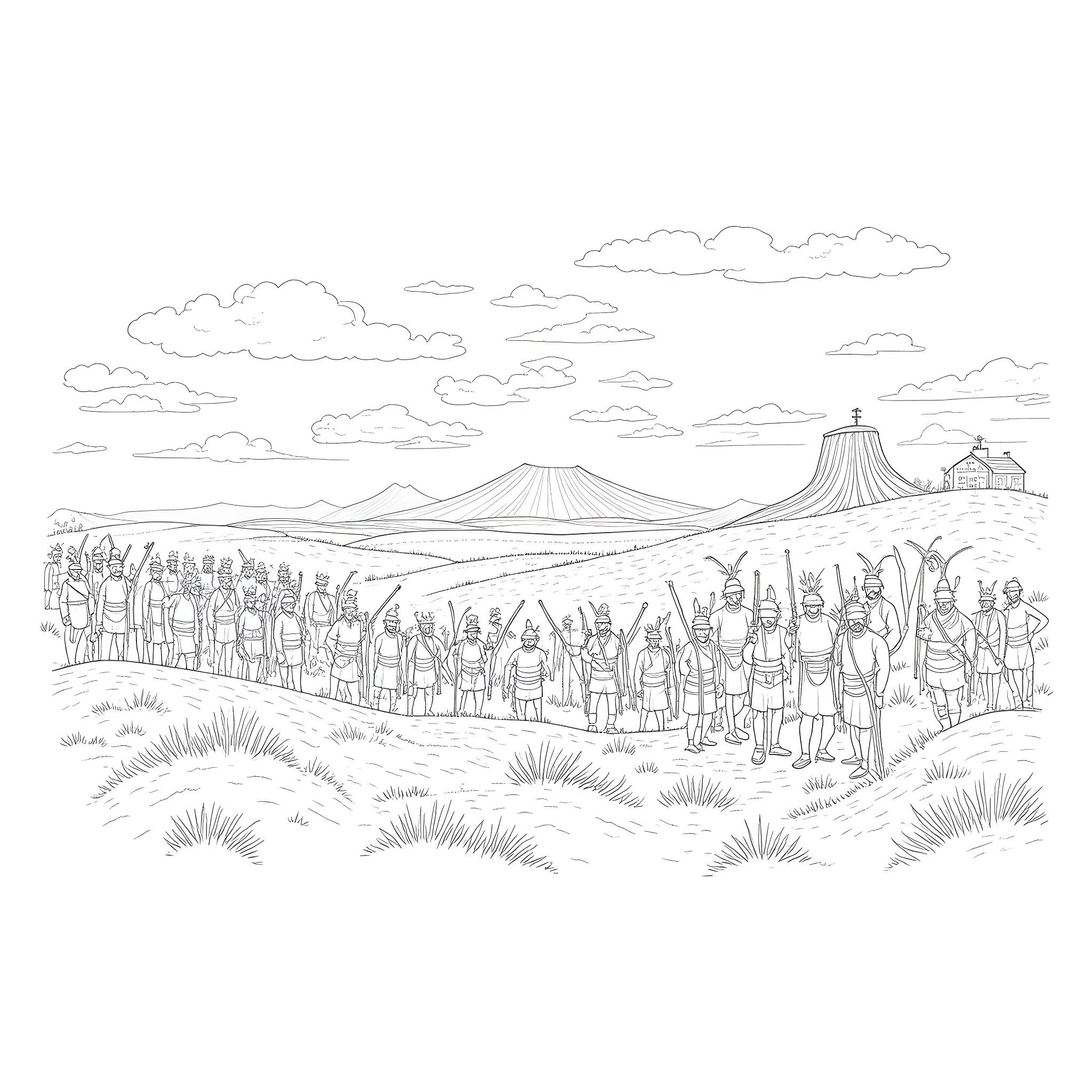 War Procession of Tribal People in Rugged Landscape Coloring Page (free black-and-white line drawing printable PDF for all, from beginners to advanced learners, including children, teens, adults, and seniors)