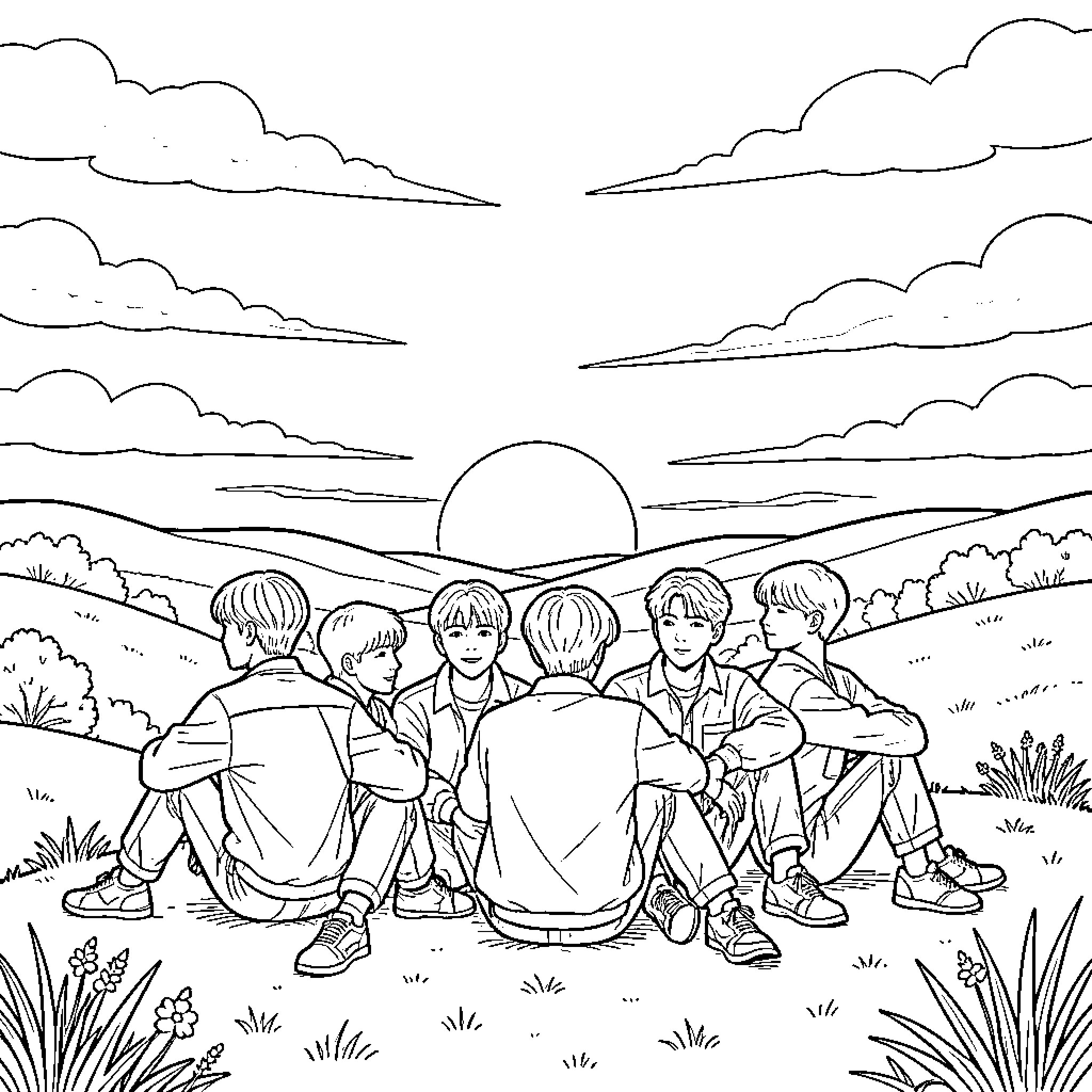 BTS enjoying the sunset in a scenic landscape Coloring Page (free black-and-white line drawing printable PDF for all, from beginners to advanced learners, including children, teens, adults, and seniors)