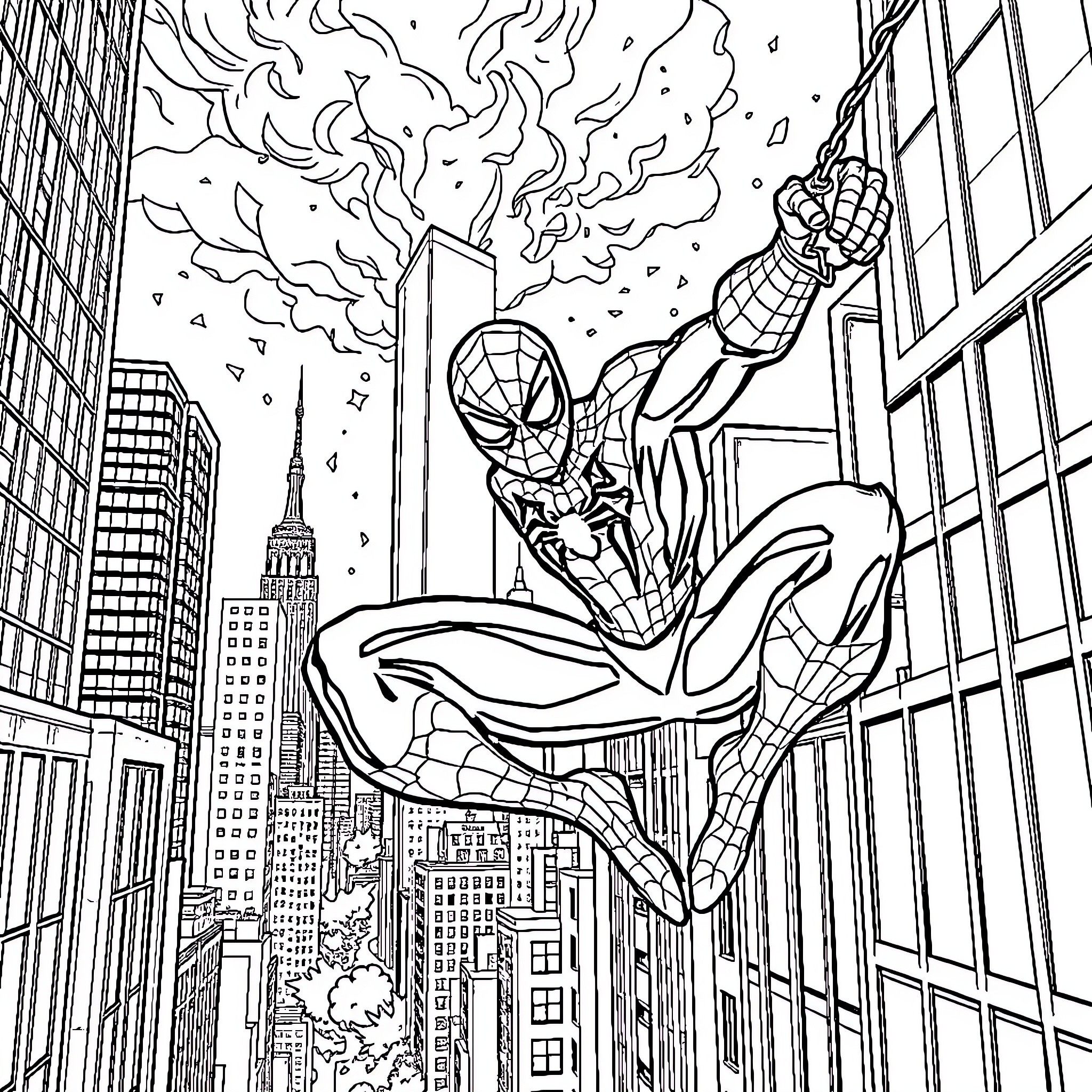 Spiderman swinging through the city skyline Coloring Page (free black-and-white line drawing printable PDF for all, from beginners to advanced learners, including children, teens, adults, and seniors)