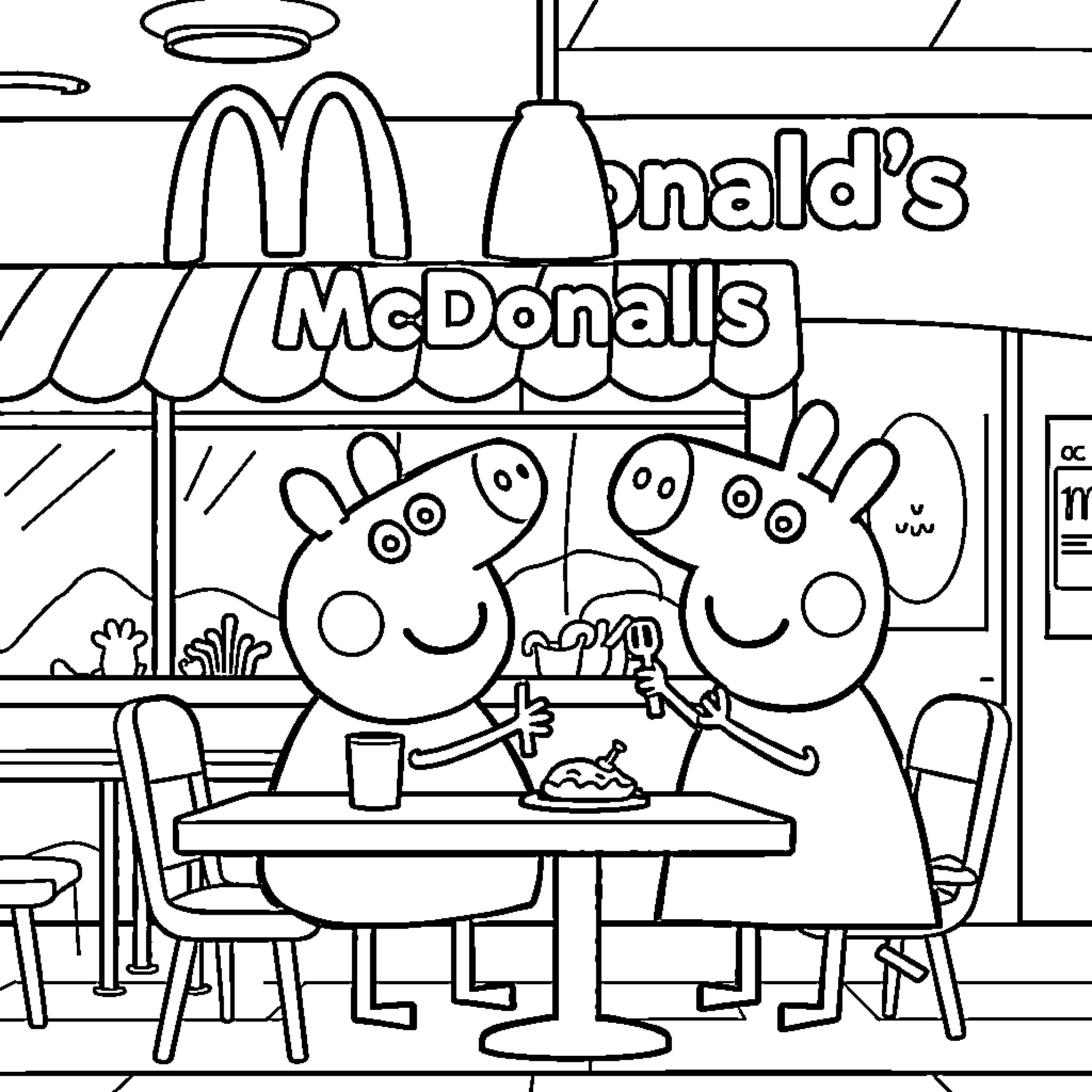 Peppa Pig and friends enjoy a meal at McDonald's Coloring Page (free black-and-white line drawing printable PDF for all, from beginners to advanced learners, including children, teens, adults, and seniors)