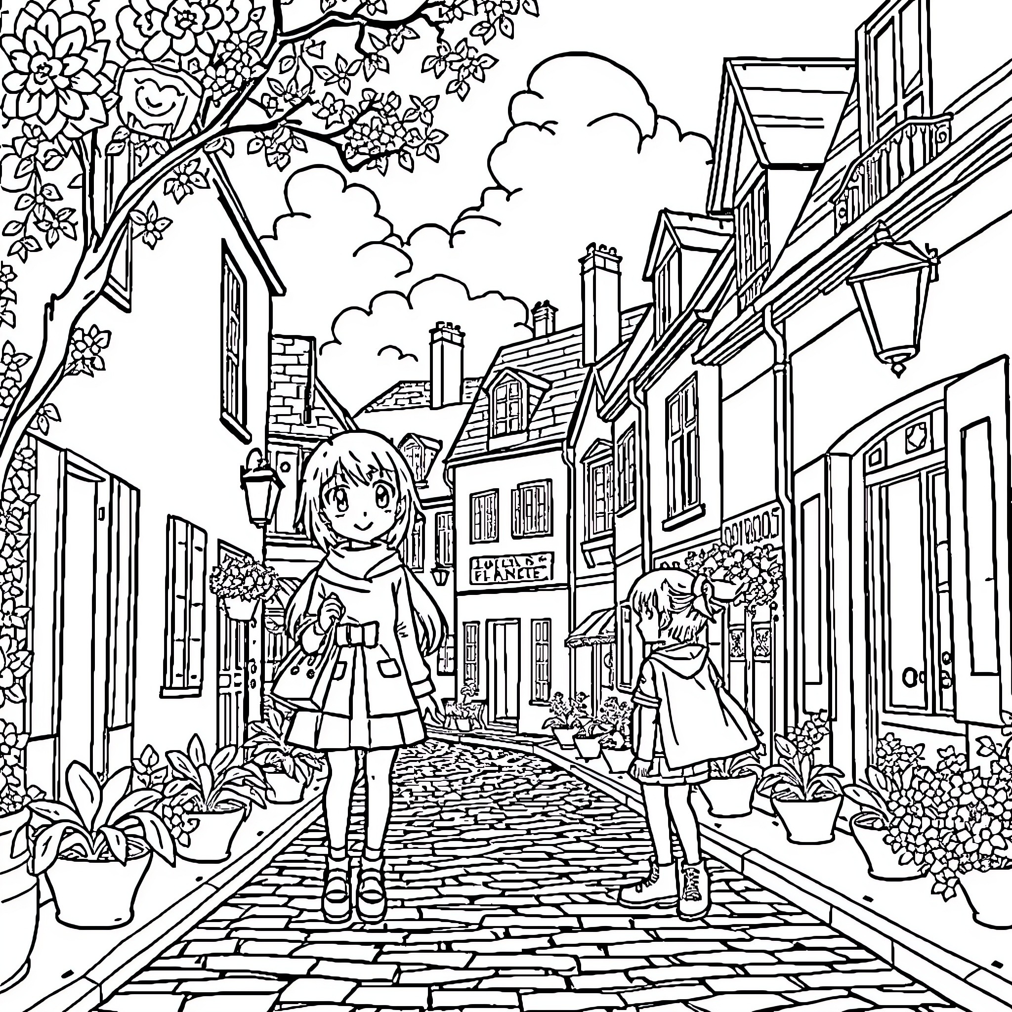Garaa's Charming Town Stroll Coloring Page (free black-and-white line drawing printable PDF for all, from beginners to advanced learners, including children, teens, adults, and seniors)