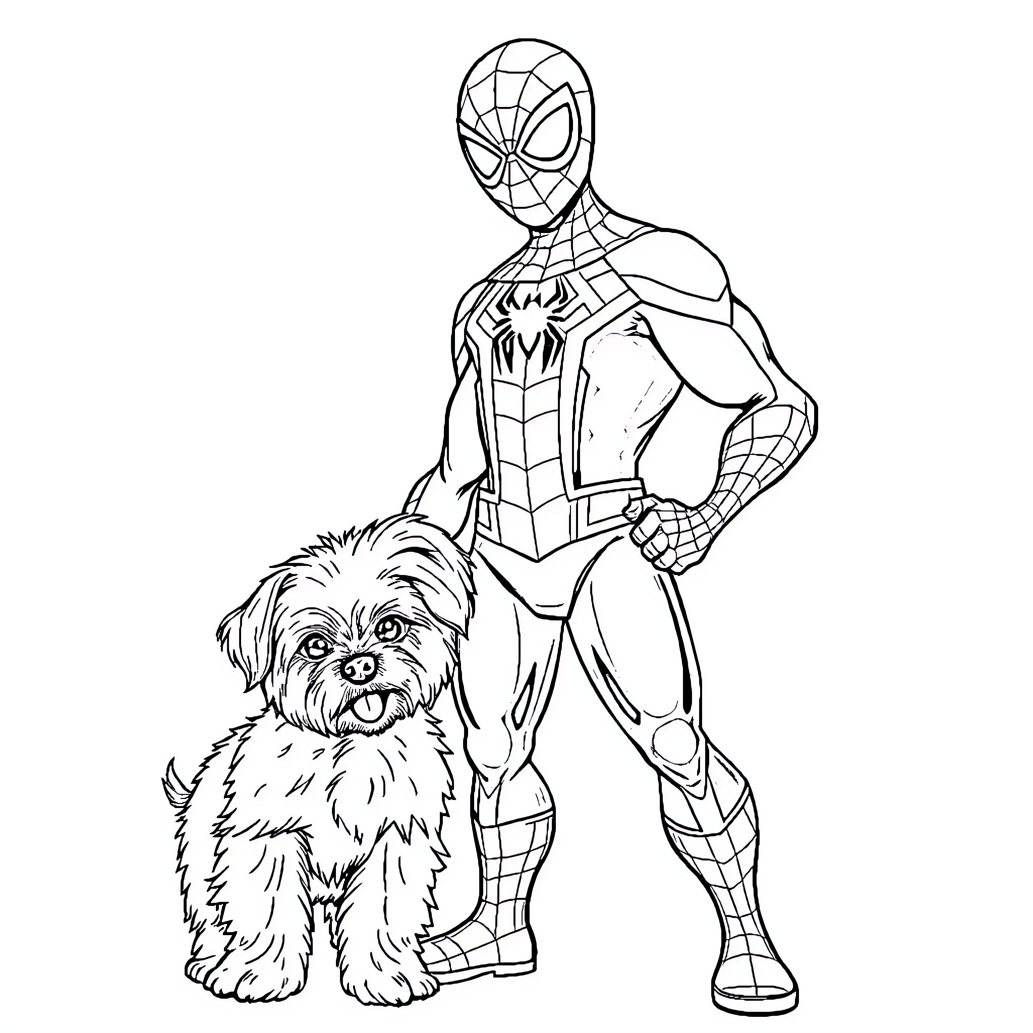 Spiderman and his furry companion Coloring Page (free black-and-white line drawing printable PDF for all, from beginners to advanced learners, including children, teens, adults, and seniors)