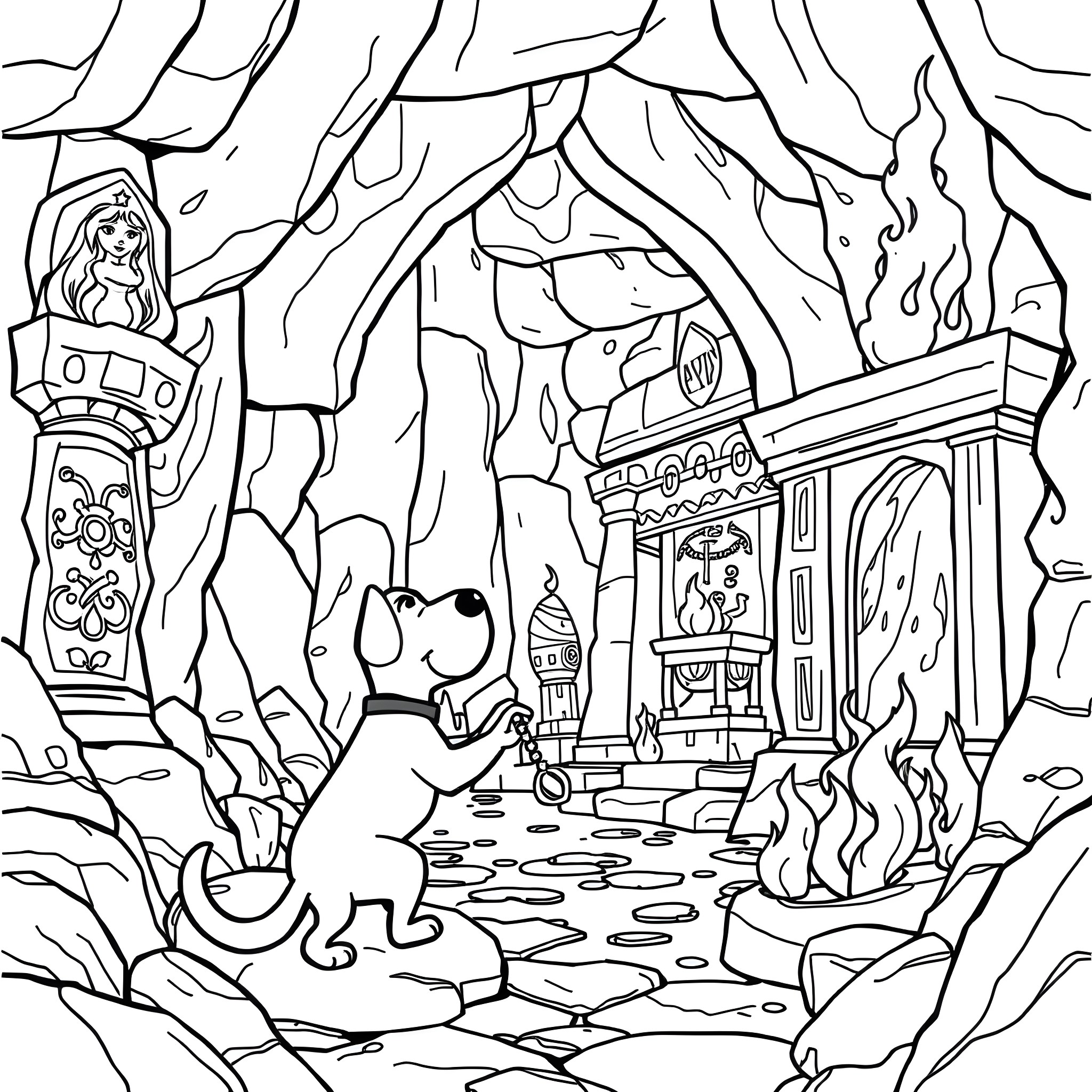 Jake's Adventure in the Enchanted Forest Coloring Page (free black-and-white line drawing printable PDF for all, from beginners to advanced learners, including children, teens, adults, and seniors)