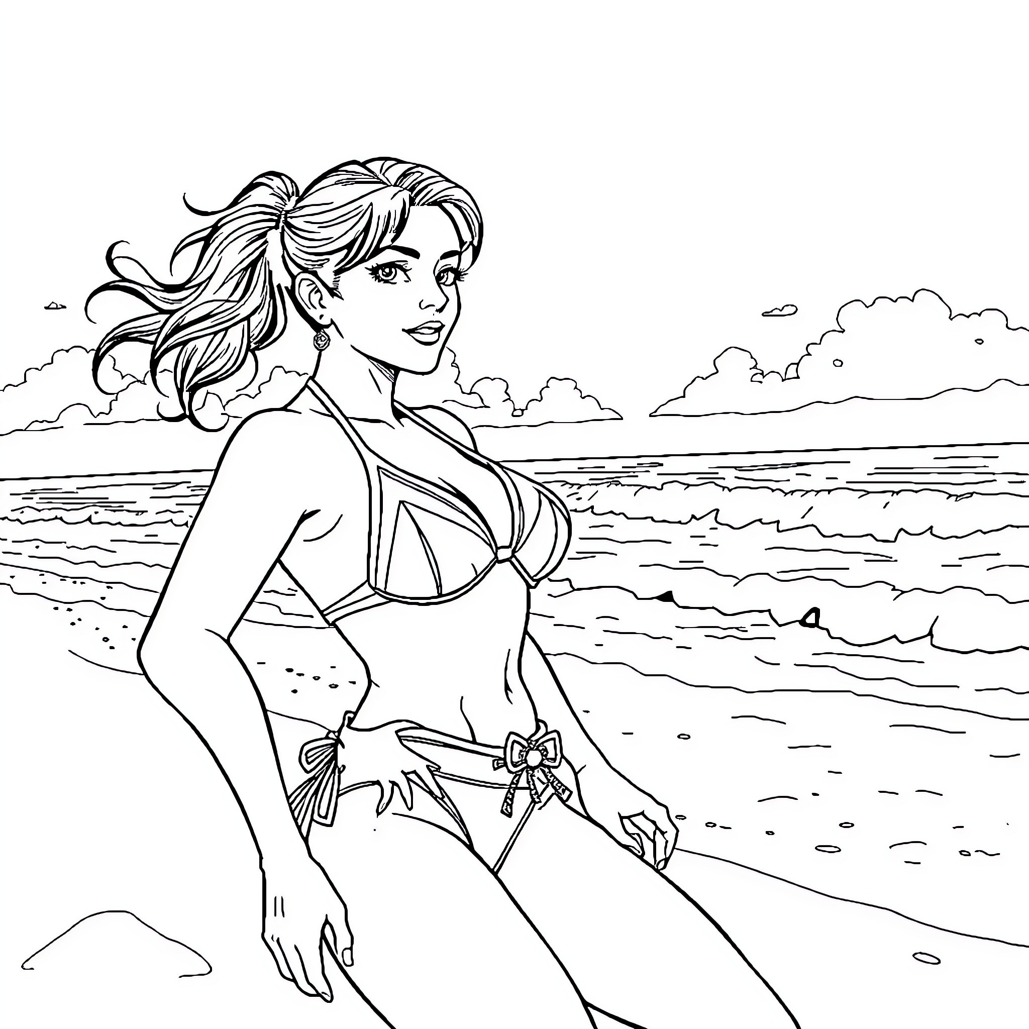 Chun Li enjoying a sunny day on the beach Coloring Page (free black-and-white line drawing printable PDF for all, from beginners to advanced learners, including children, teens, adults, and seniors)
