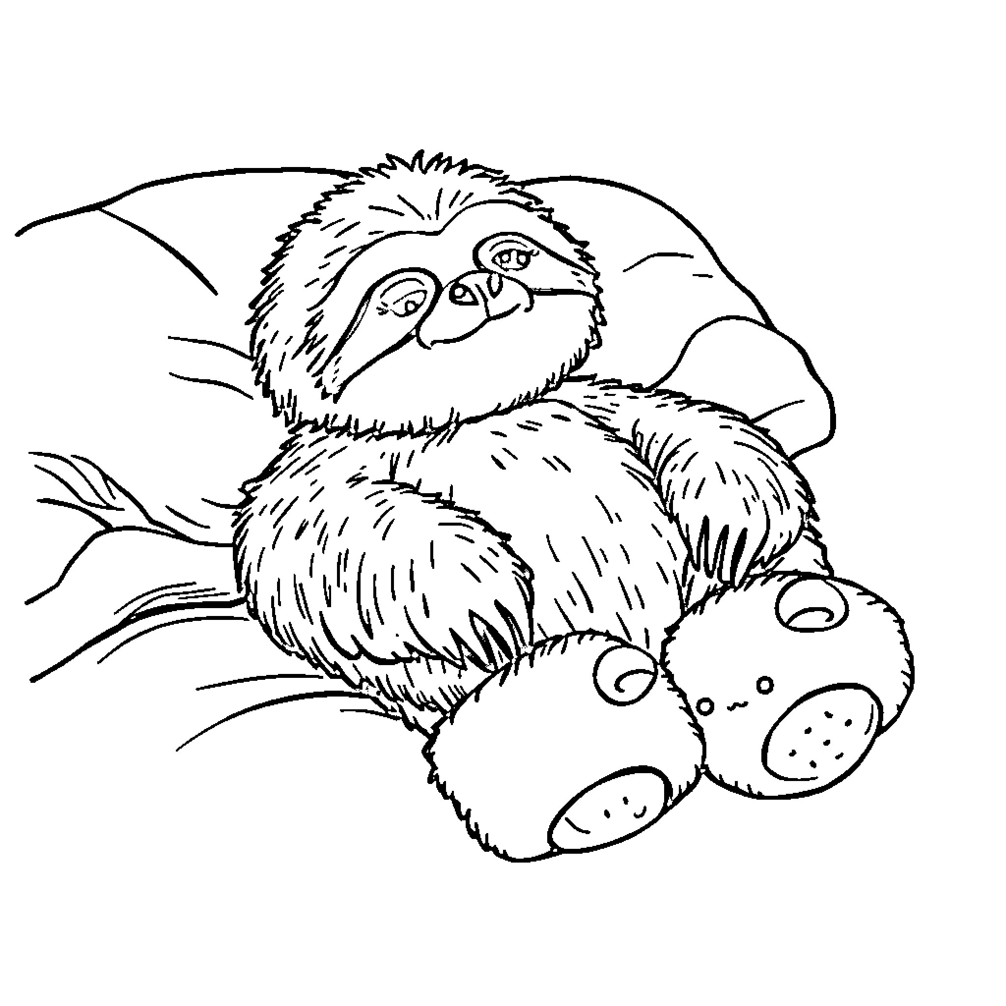 Sloth resting contentedly with plush toy Coloring Page (free black-and-white line drawing printable PDF for all, from beginners to advanced learners, including children, teens, adults, and seniors)