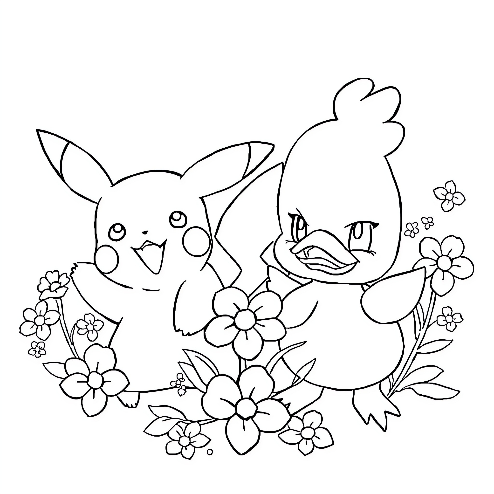 Pikachu and Psyduck surrounded by flowers Coloring Page (free black-and-white line drawing printable PDF for all, from beginners to advanced learners, including children, teens, adults, and seniors)